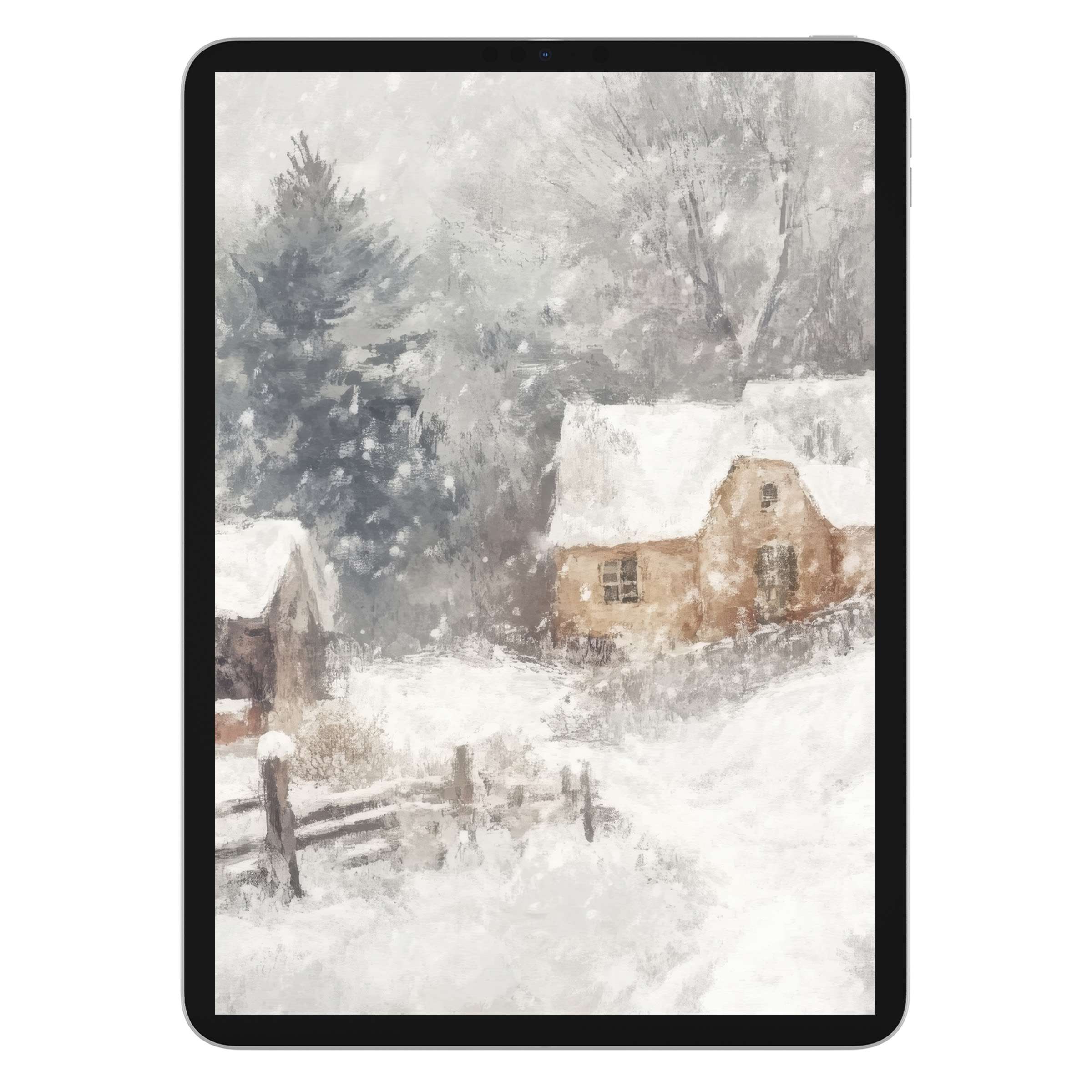 Winter iPad wallpaper featuring serene snow-covered cottages as a digital download for a stunning tablet background in snowy hues