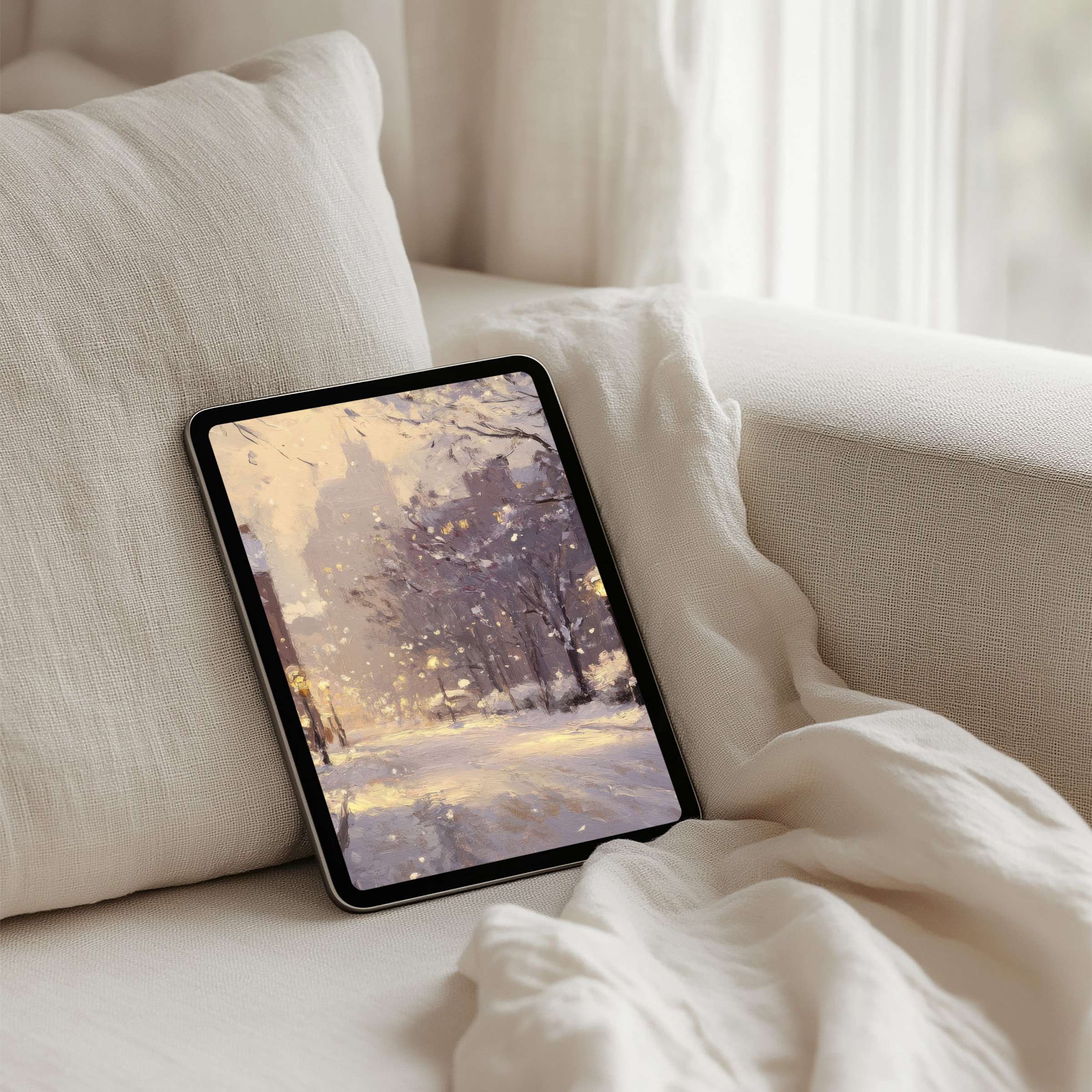Serene winter scene iPad background on cozy sofa offers instant download for tablets inspiring calm elegance and mindfulness