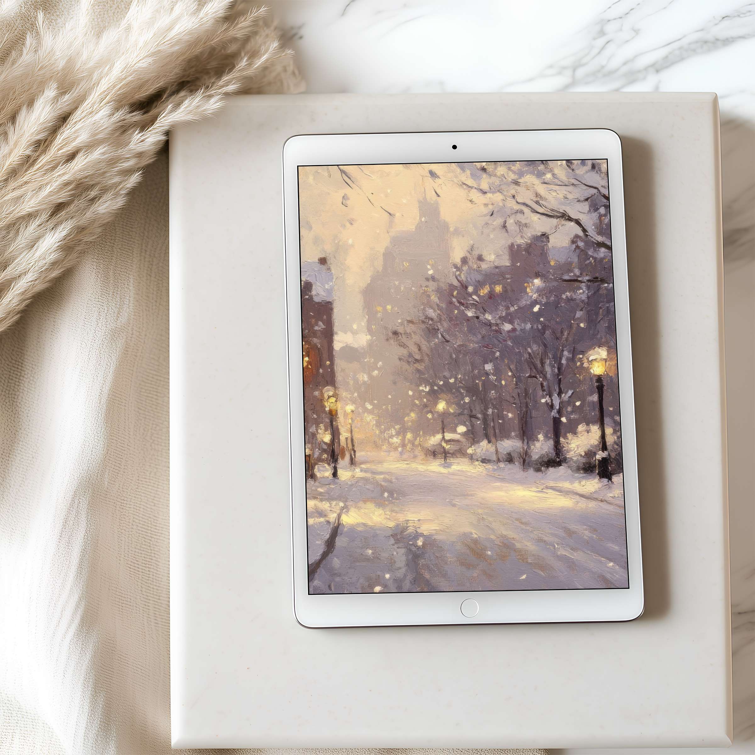 Elegant winter scene tablet wallpaper in soft hues transforms your iPad into a high resolution, calming digital art experience