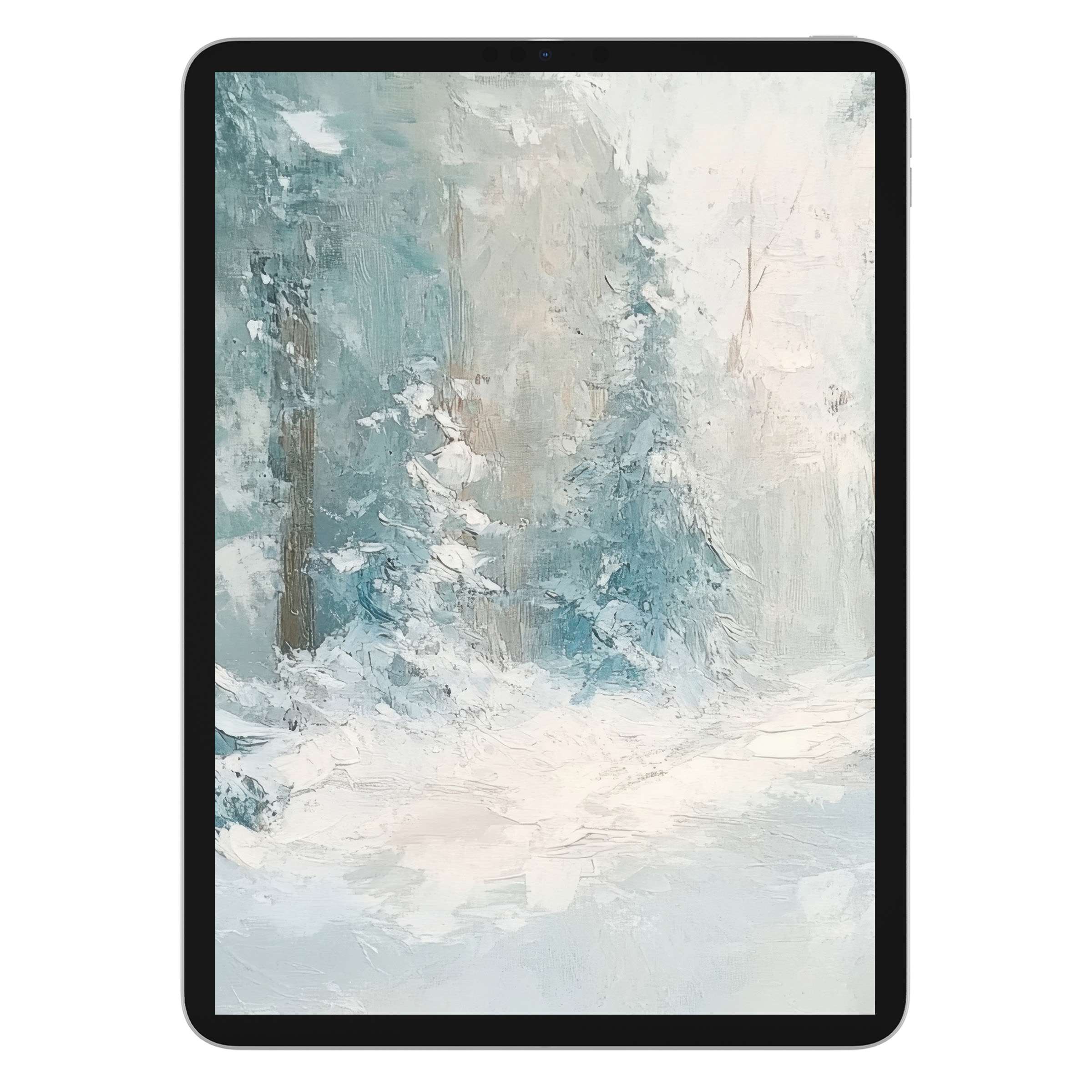 Winter iPad wallpaper featuring serene snowy forest scene in soft pastels, perfect for tablet background digital download elegance