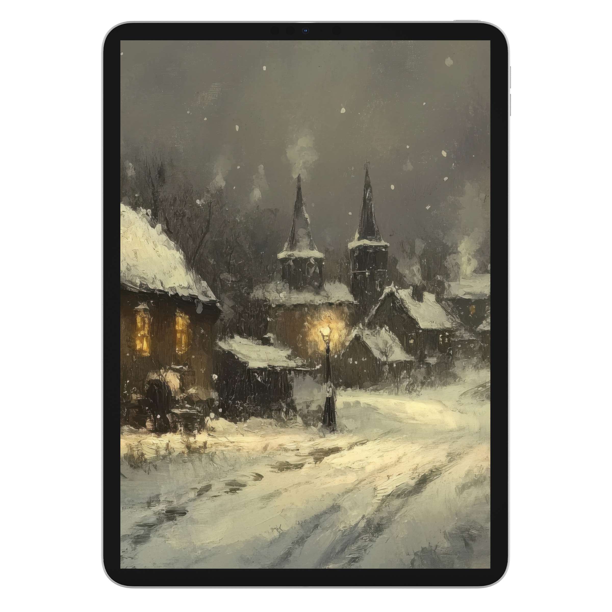Elegant winter iPad wallpaper featuring a serene, snow-covered village, perfect digital download for cozy tablet backgrounds
