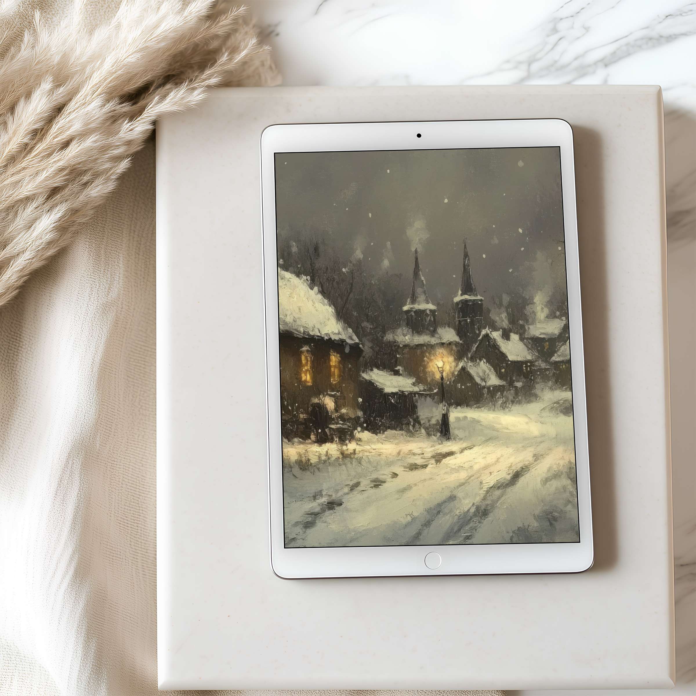 Cozy winter scene tablet wallpaper with rustic village at dusk, ideal for iPad download, harmonizes with elegant minimalist decor