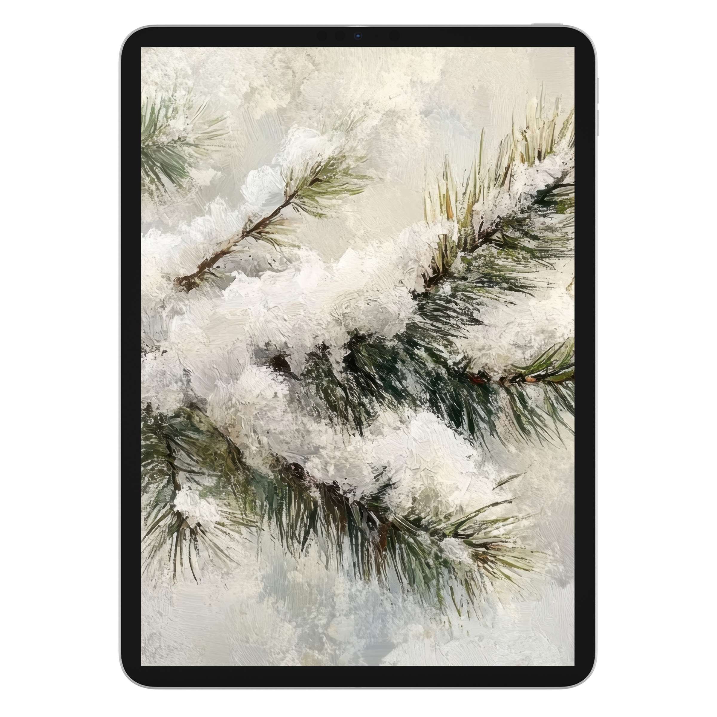 Elegant winter iPad wallpaper digital download features snow-dusted pine branches, perfect for a calming tablet background and nature-inspired design