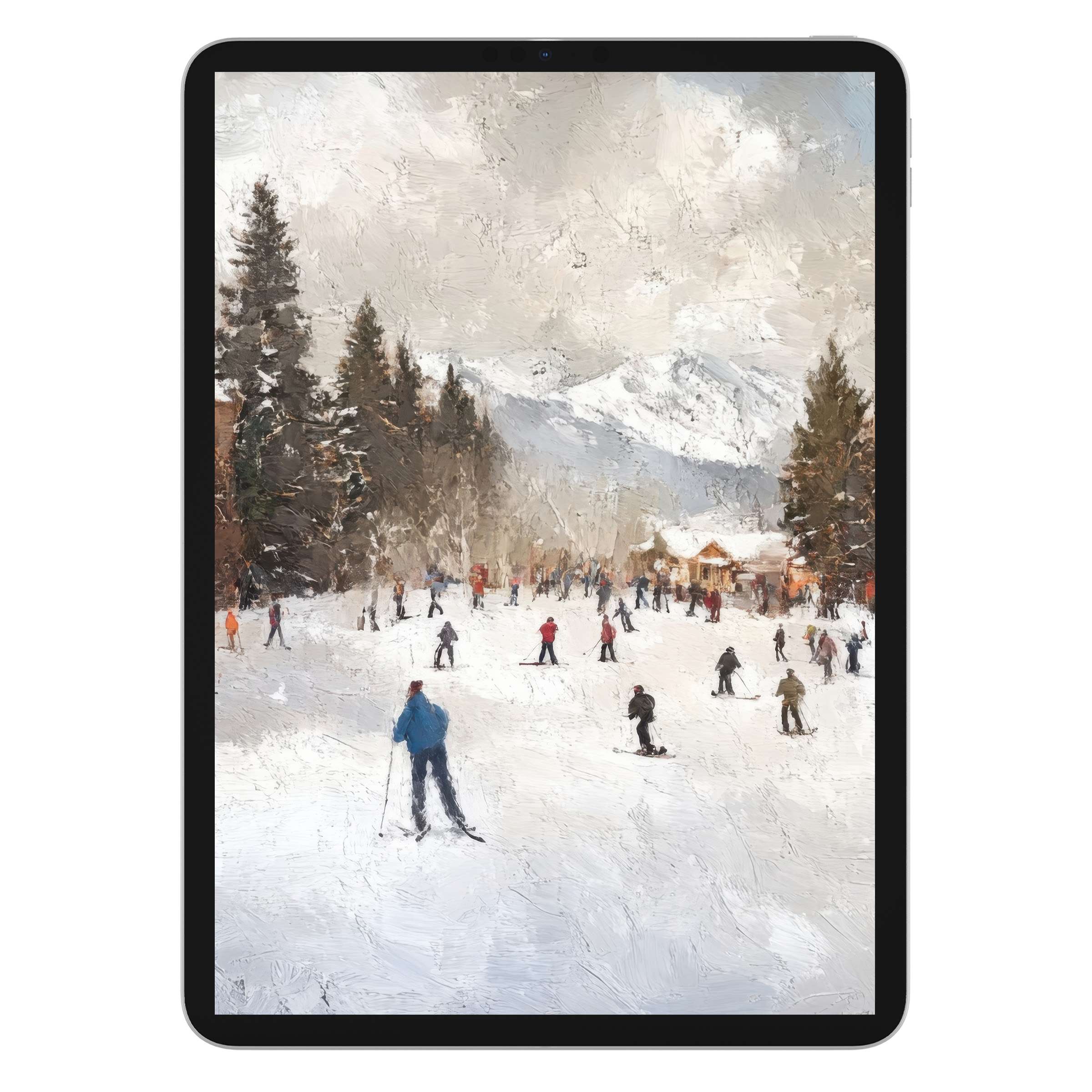 Inspiring winter iPad wallpaper featuring a serene snowy mountain scene, perfect digital download for elegant tablet background tranquility