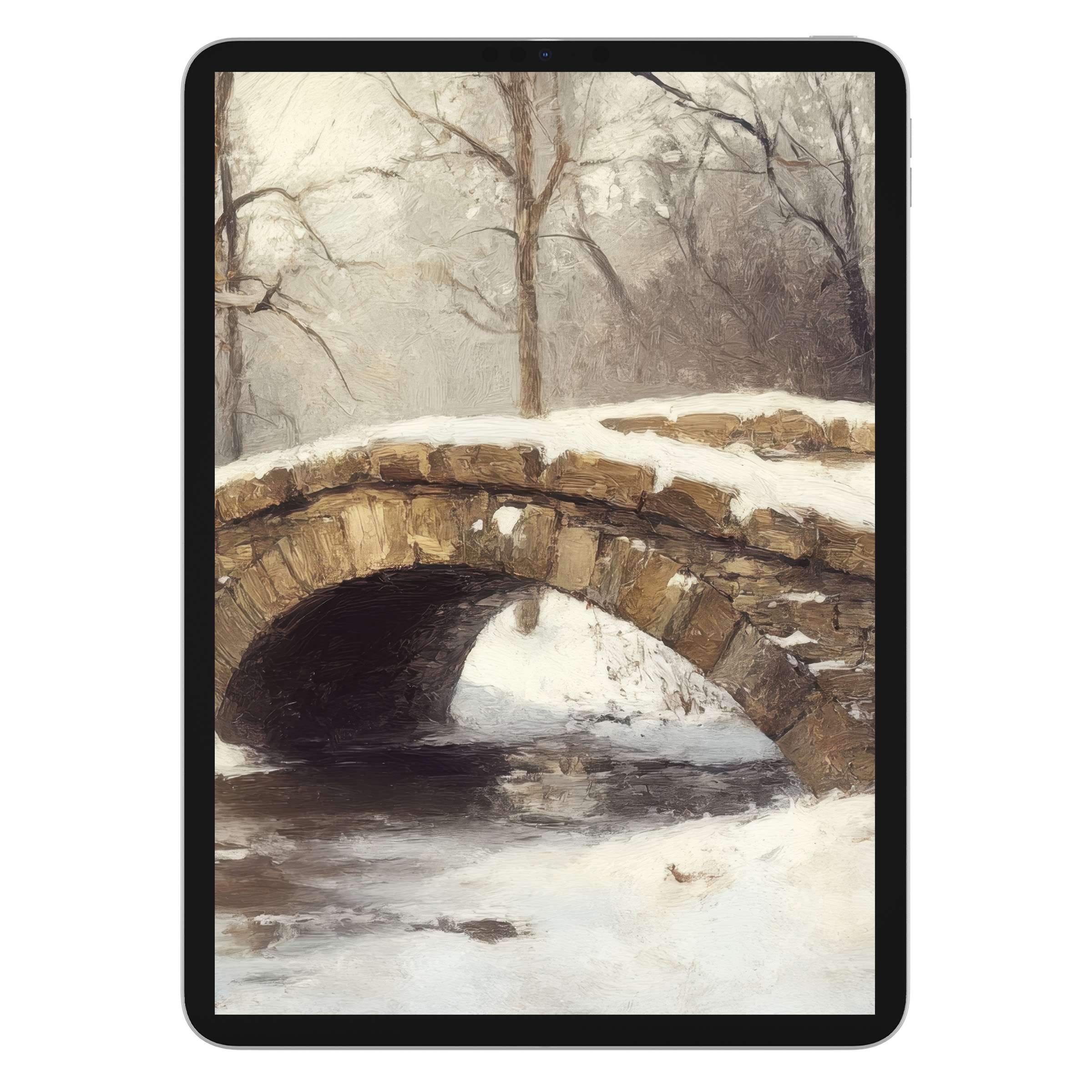 Winter iPad wallpaper showcasing a serene snowy bridge in oil painting style, perfect digital download for tablet background use