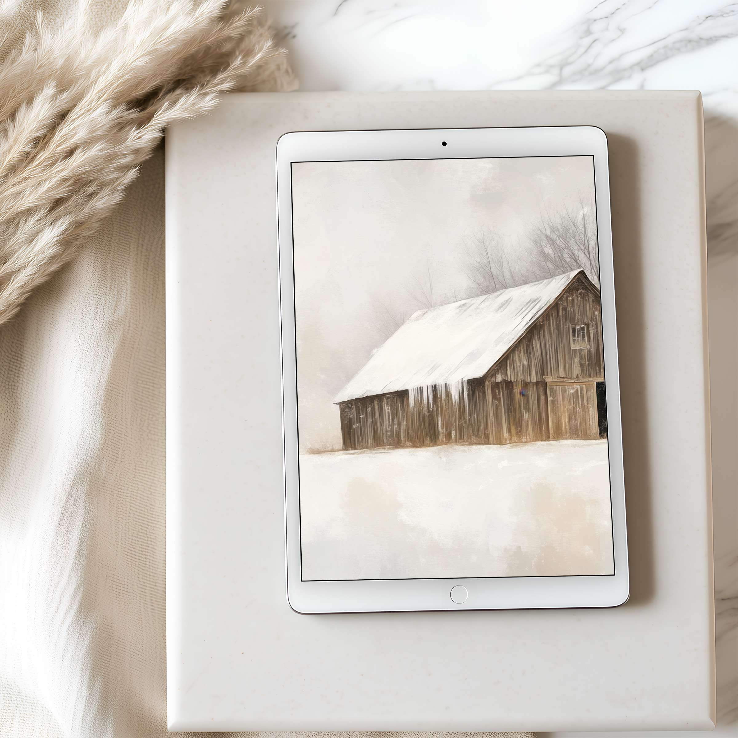 Serene winter barn painting sets a calming mood on high resolution tablet wallpaper perfect for iPad and Android digital download