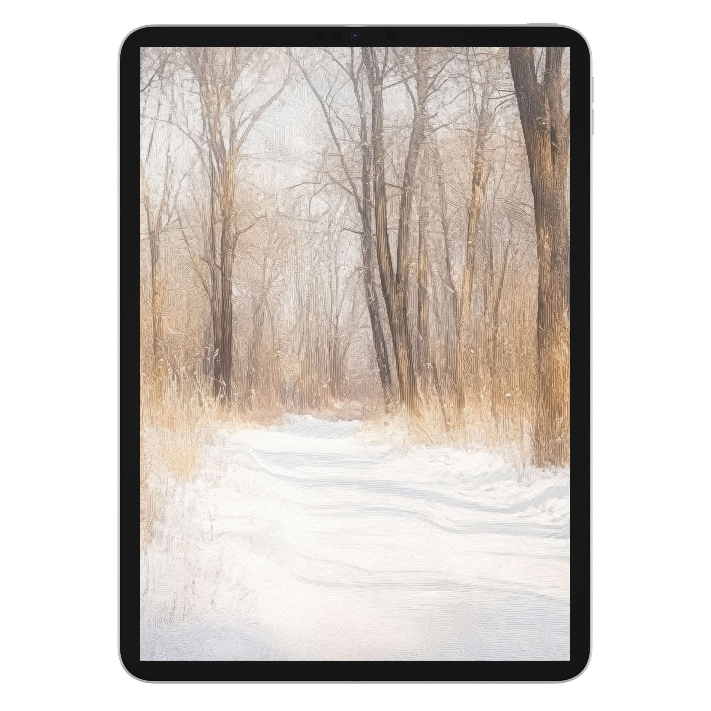 Winter iPad wallpaper digital download features an elegant snowy forest background for a serene, artistic tablet experience