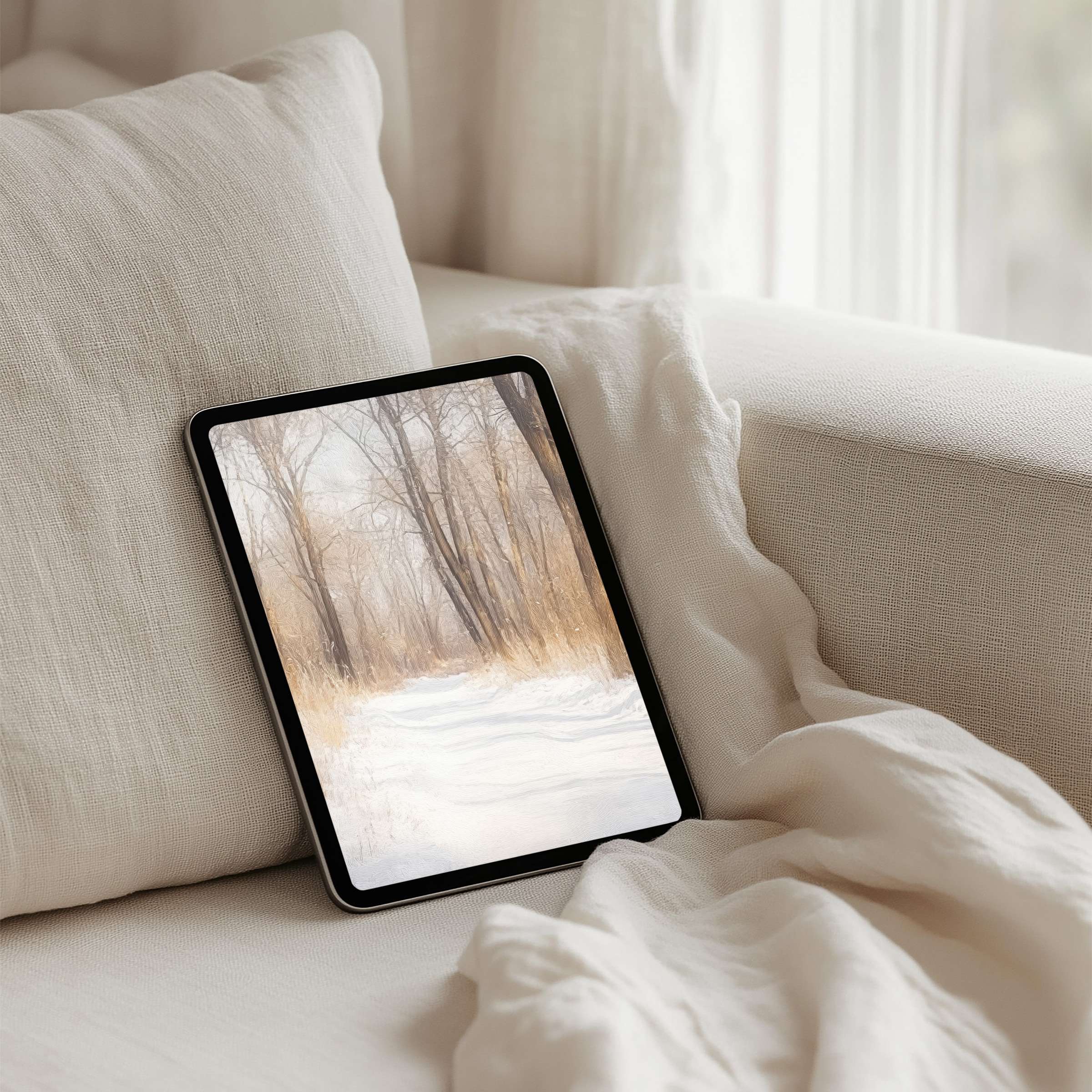 Elegant iPad background with serene winter path offers instant download for tablet users seeking calm inspiration in every glance