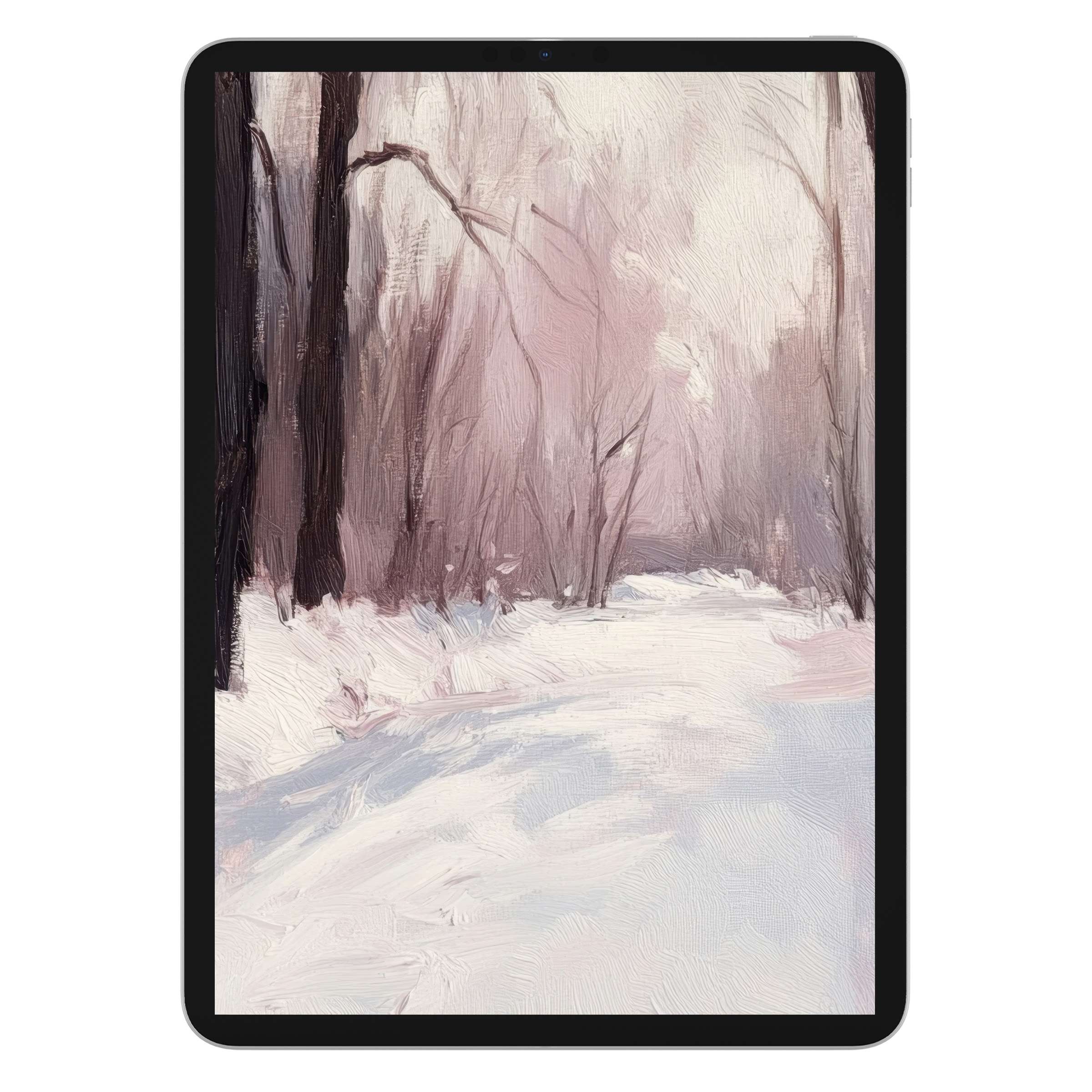 Elegant winter iPad wallpaper with serene pastel snowy forest scene as digital download background for calming tablet aesthetics