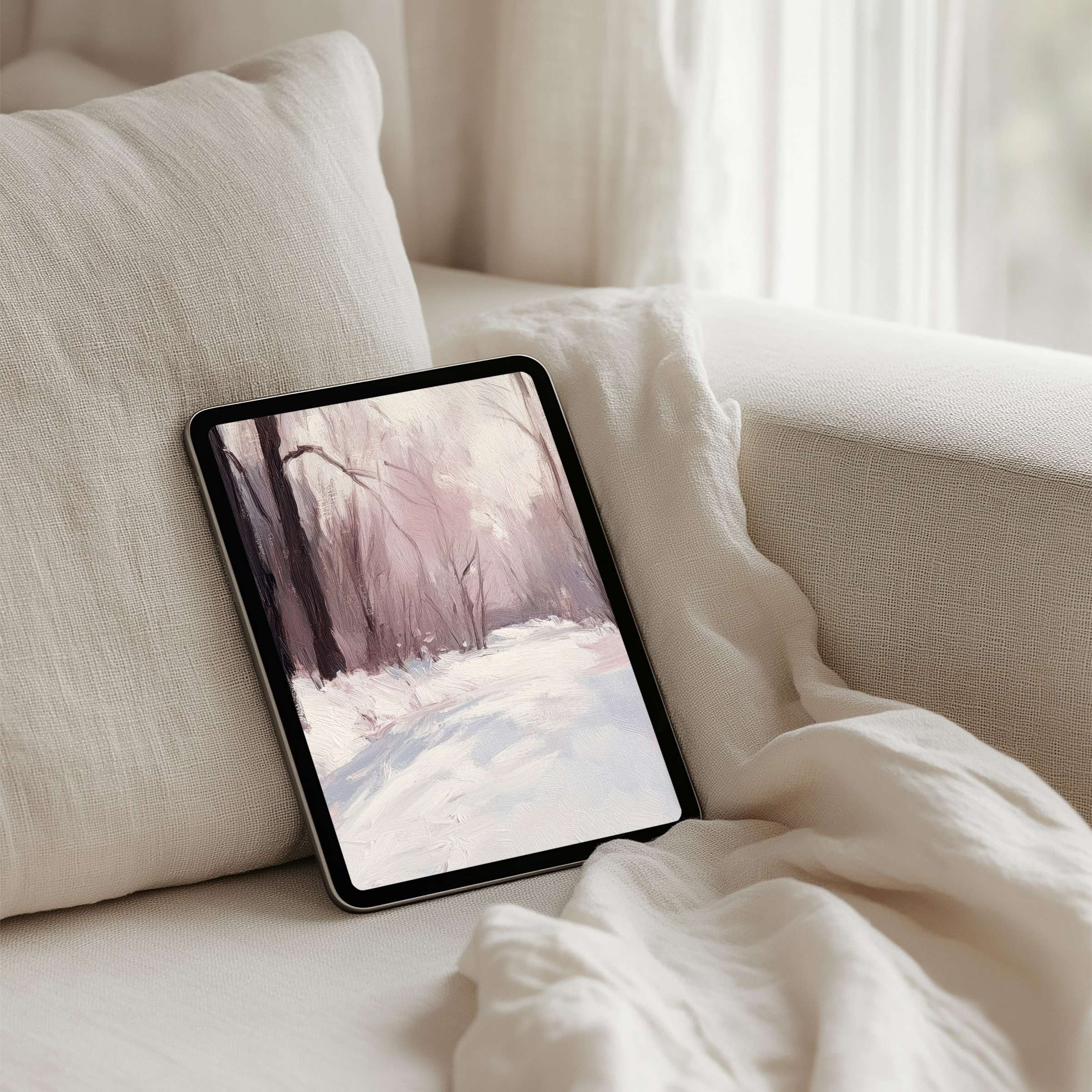 Elegant iPad background featuring a tranquil winter scene for instant download on tablets inspires calm and mindful living