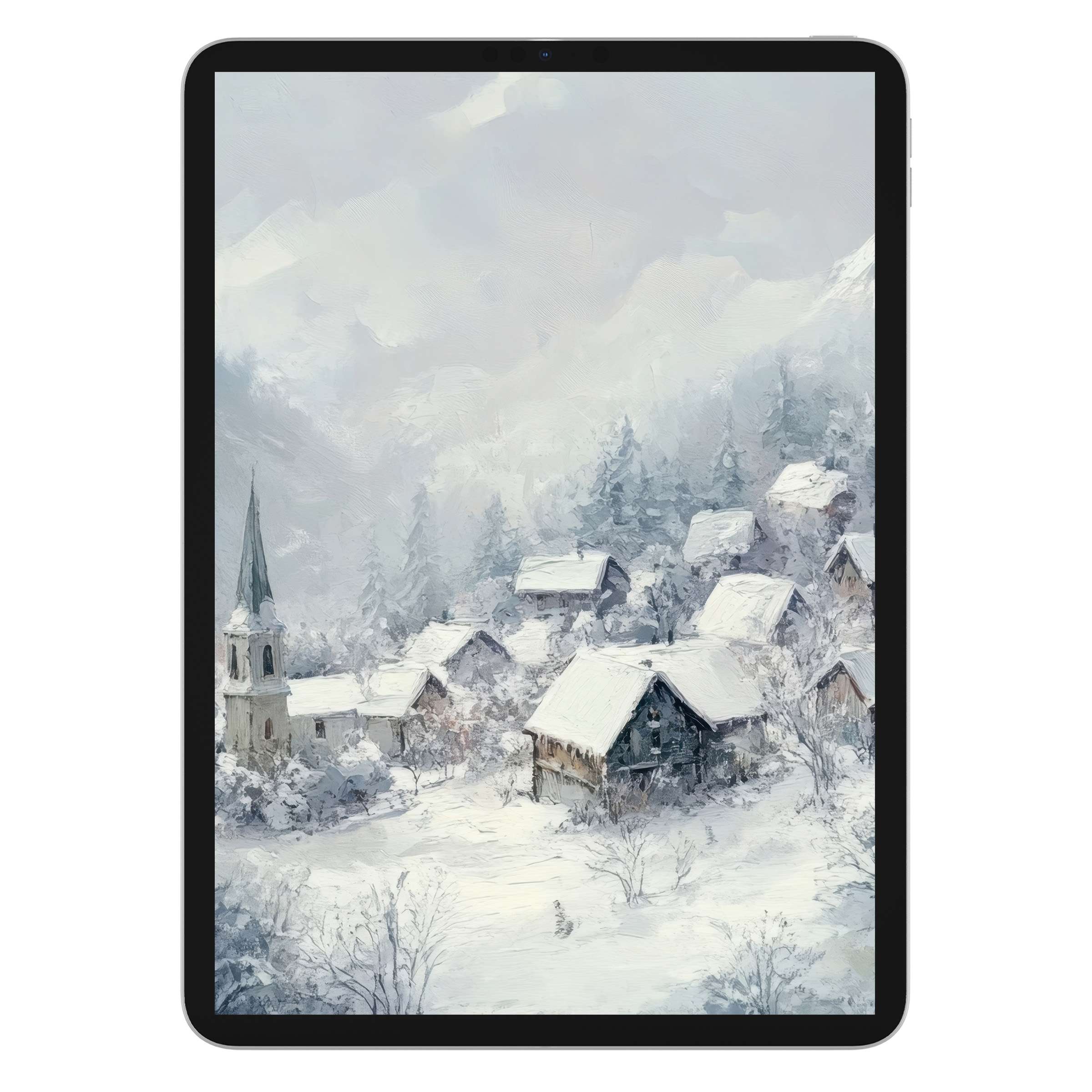 Winter iPad wallpaper featuring serene snow-covered village ideal for tablet background; elegant digital download, evokes calm tranquility