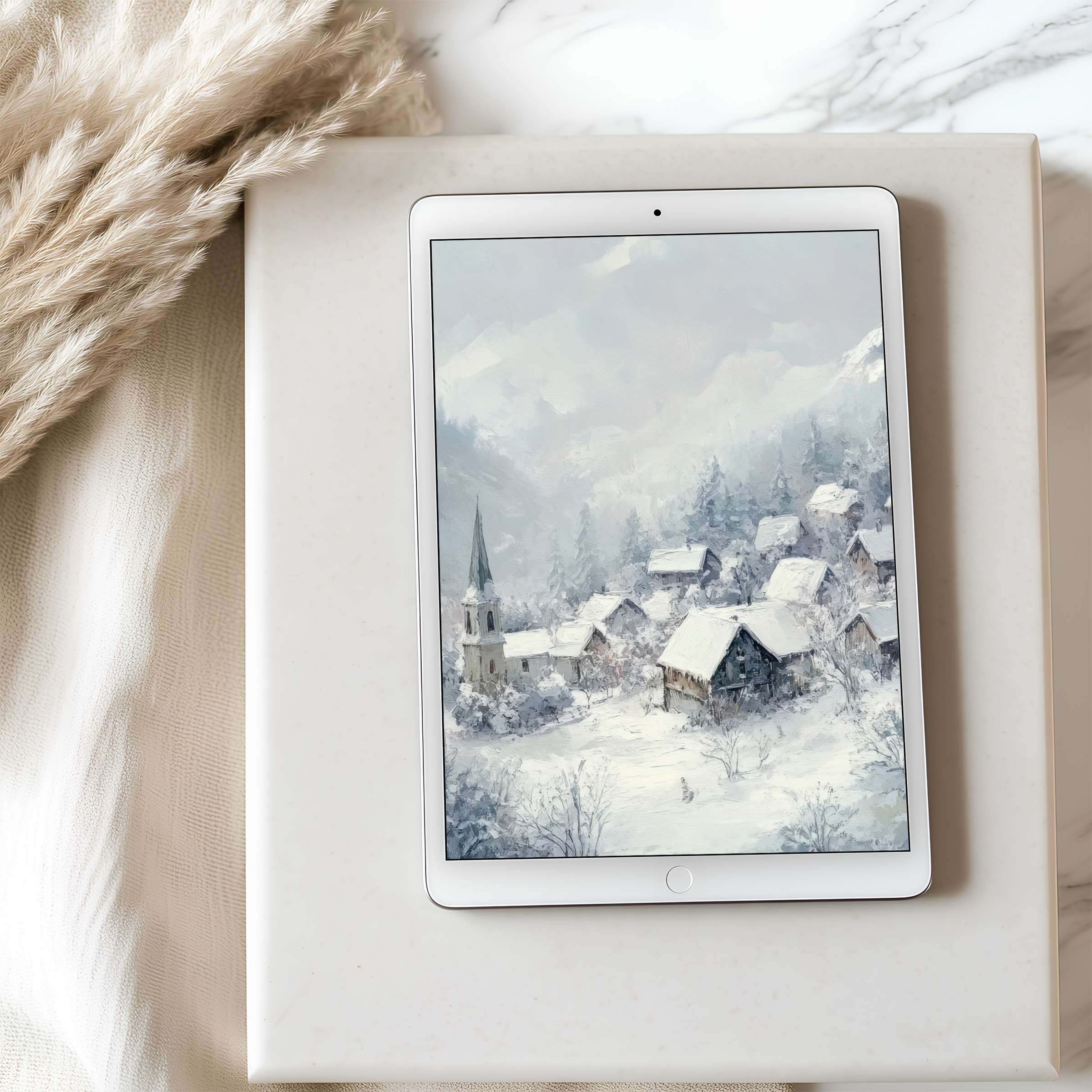 Elegant snowy village tablet wallpaper in high resolution offers serene tranquility, perfect for iPad and Android tablet downloads