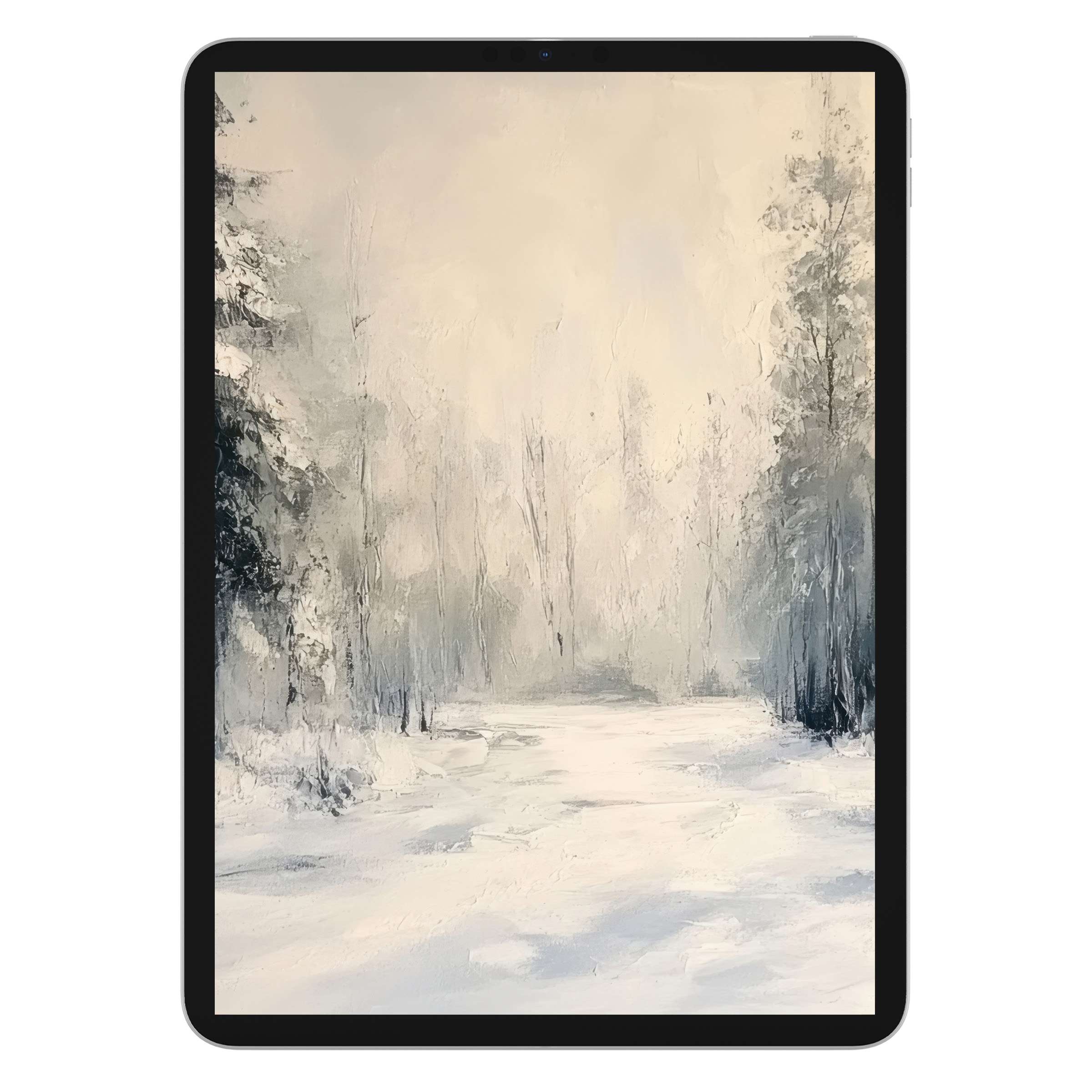 Elegant winter iPad wallpaper showcasing a serene snowy forest in soft hues, ideal digital download for tablet background luxury