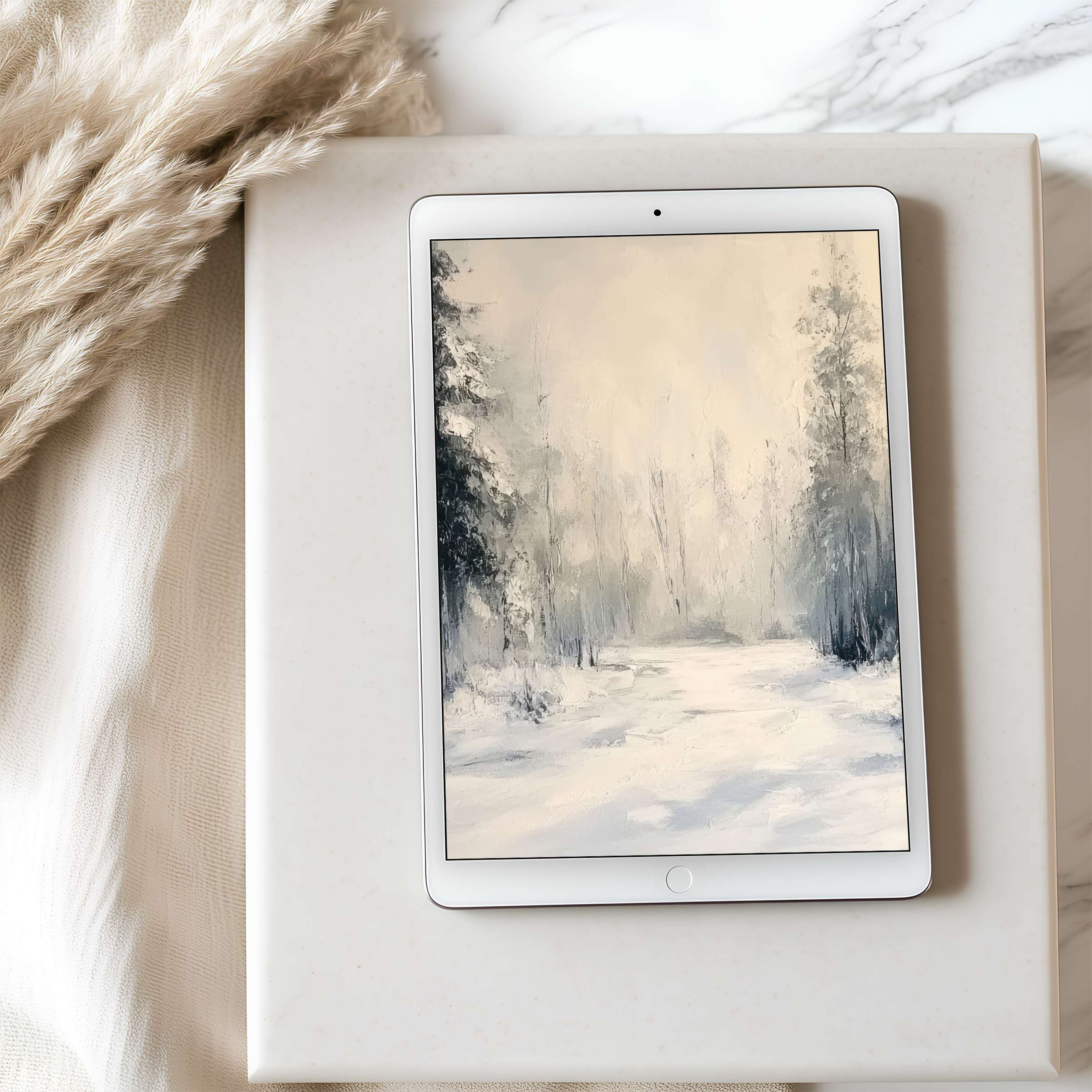 Elegant winter landscape tablet wallpaper in high resolution, featuring serene, soft tones ideal for iPad and Android tablets, digital download