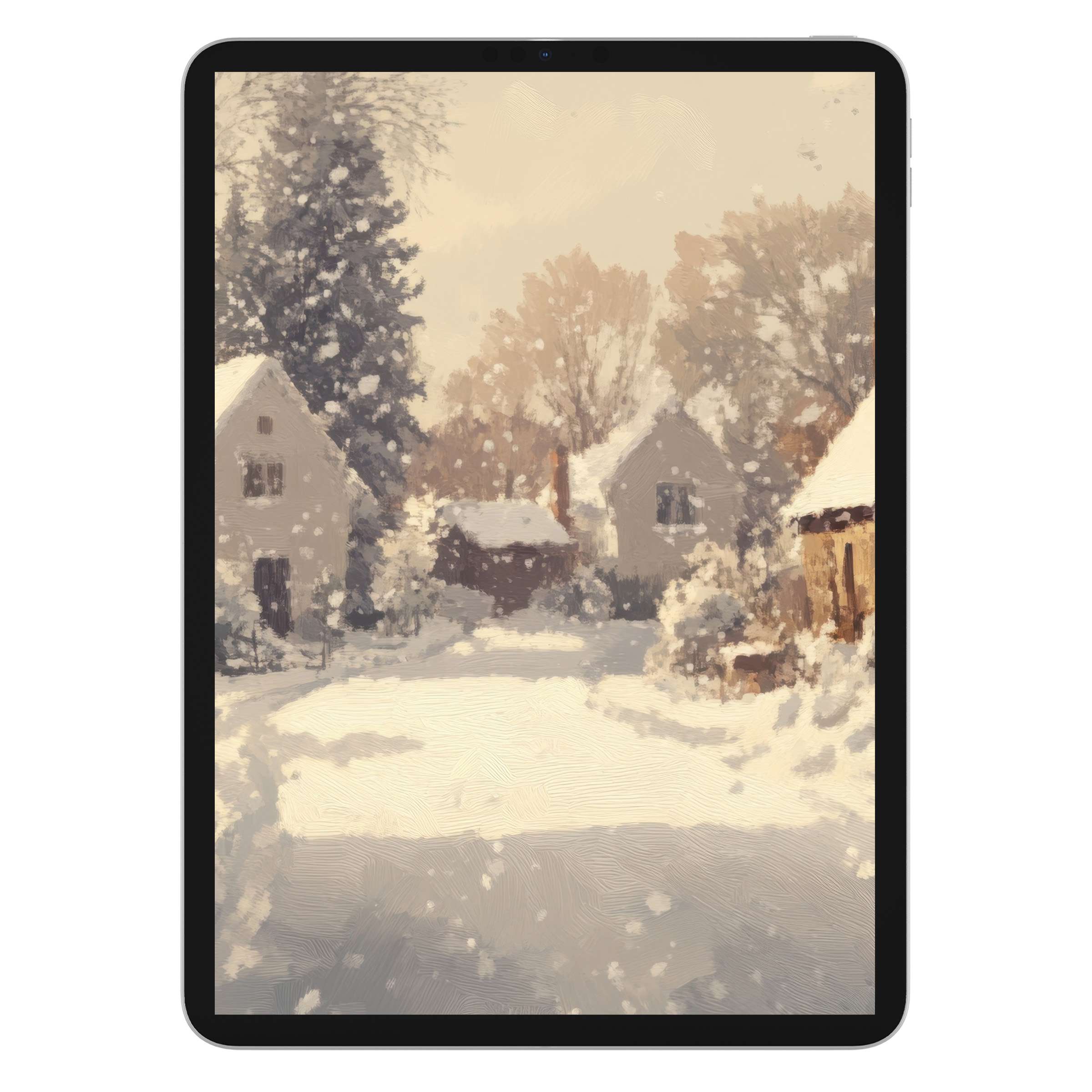Winter iPad wallpaper with serene snow-covered village painting in soft pastel hues, perfect digital download for tablet background