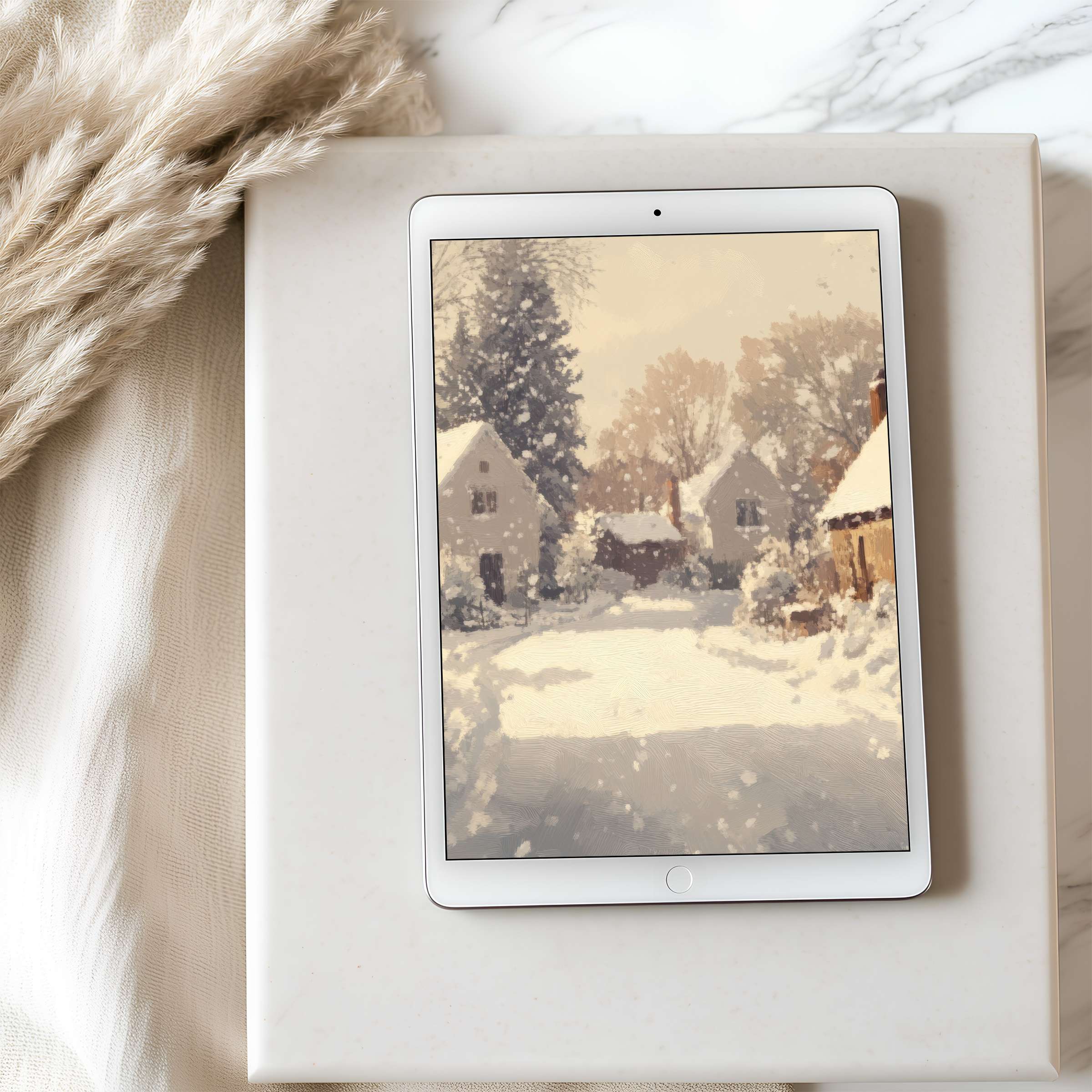 Elegant tablet wallpaper of a serene winter village, featuring soft neutral tones and impressionist style, perfect for iPad download