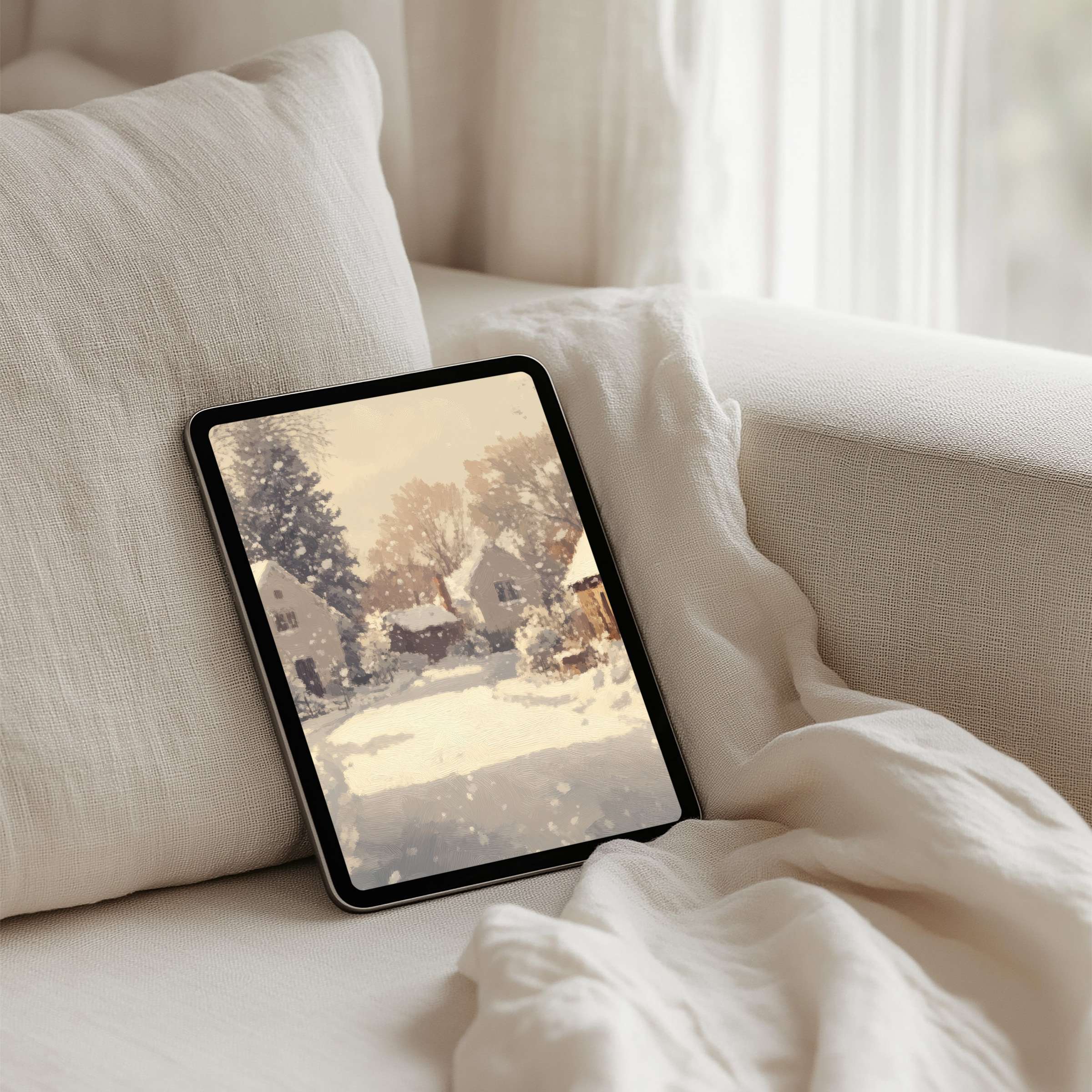 Calming winter scene digital art as an iPad background inspires mindfulness and elegance, perfect for instant download on any tablet