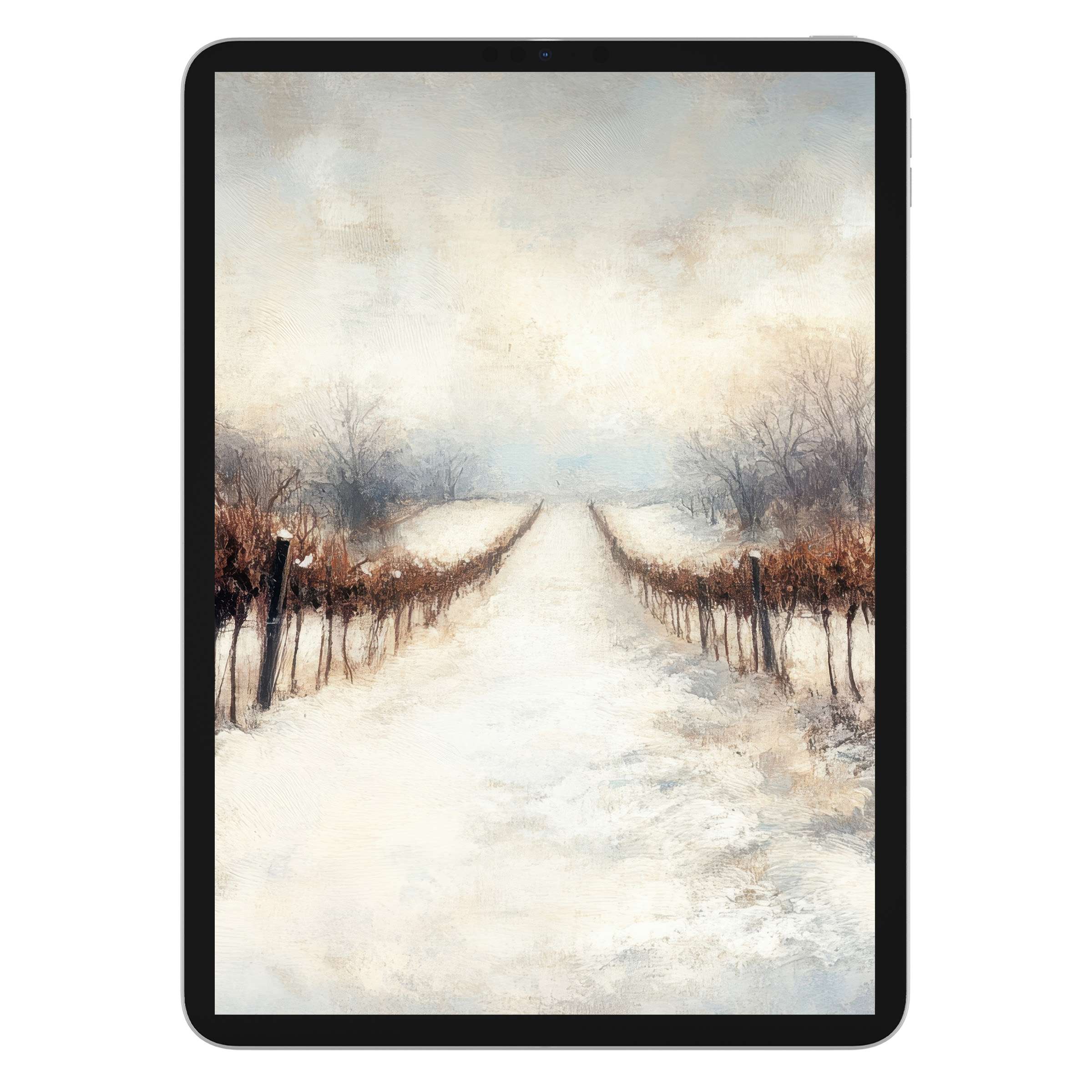Winter iPad wallpaper with serene snowy path background in soft hues for digital download, perfect for tablets enhancing tranquility