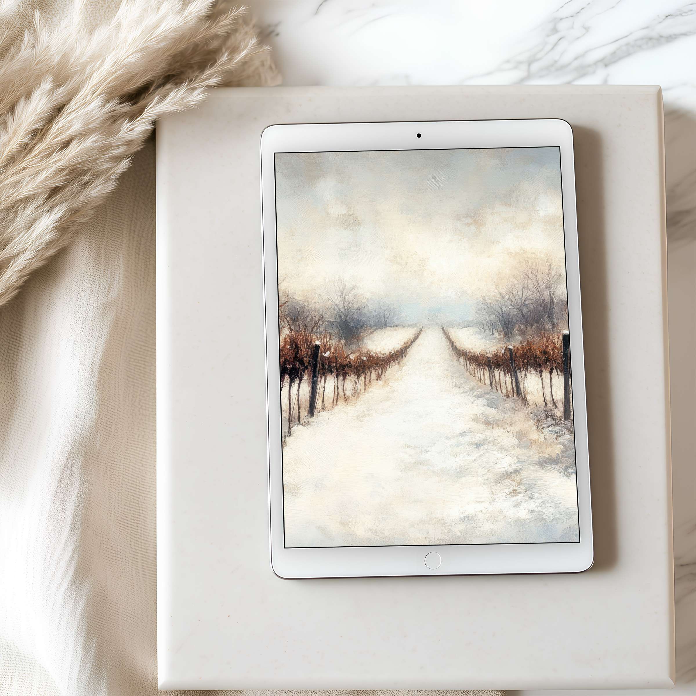 Elegant tablet wallpaper featuring a serene winter landscape in soft hues perfect for iPad high resolution digital download