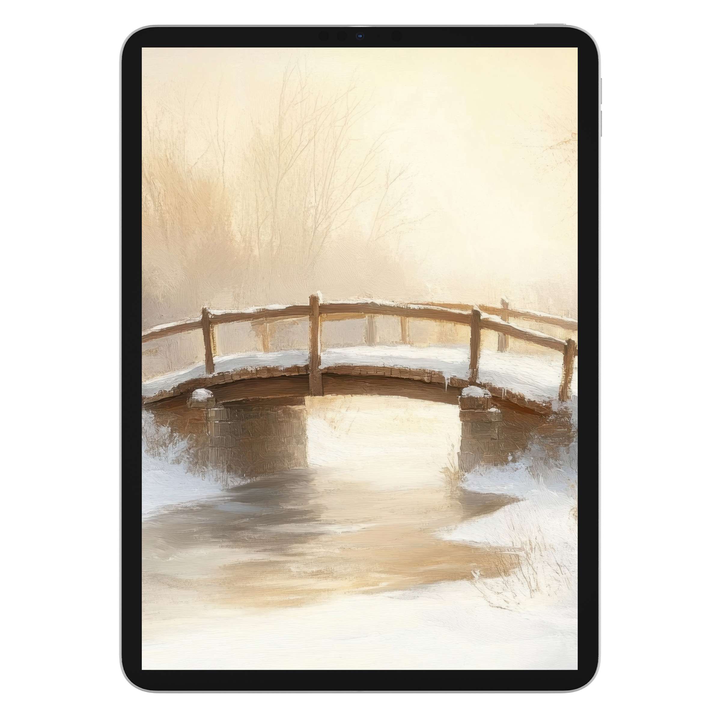 Elegant winter iPad wallpaper featuring a serene snowy bridge, perfect as a tablet background for digital download and relaxation