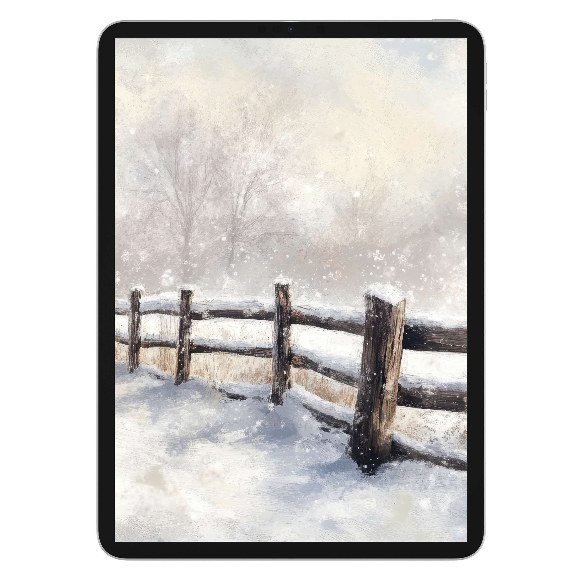 Winter iPad wallpaper featuring a serene snowy fence scene, perfect tablet background digital download for calming ambiance