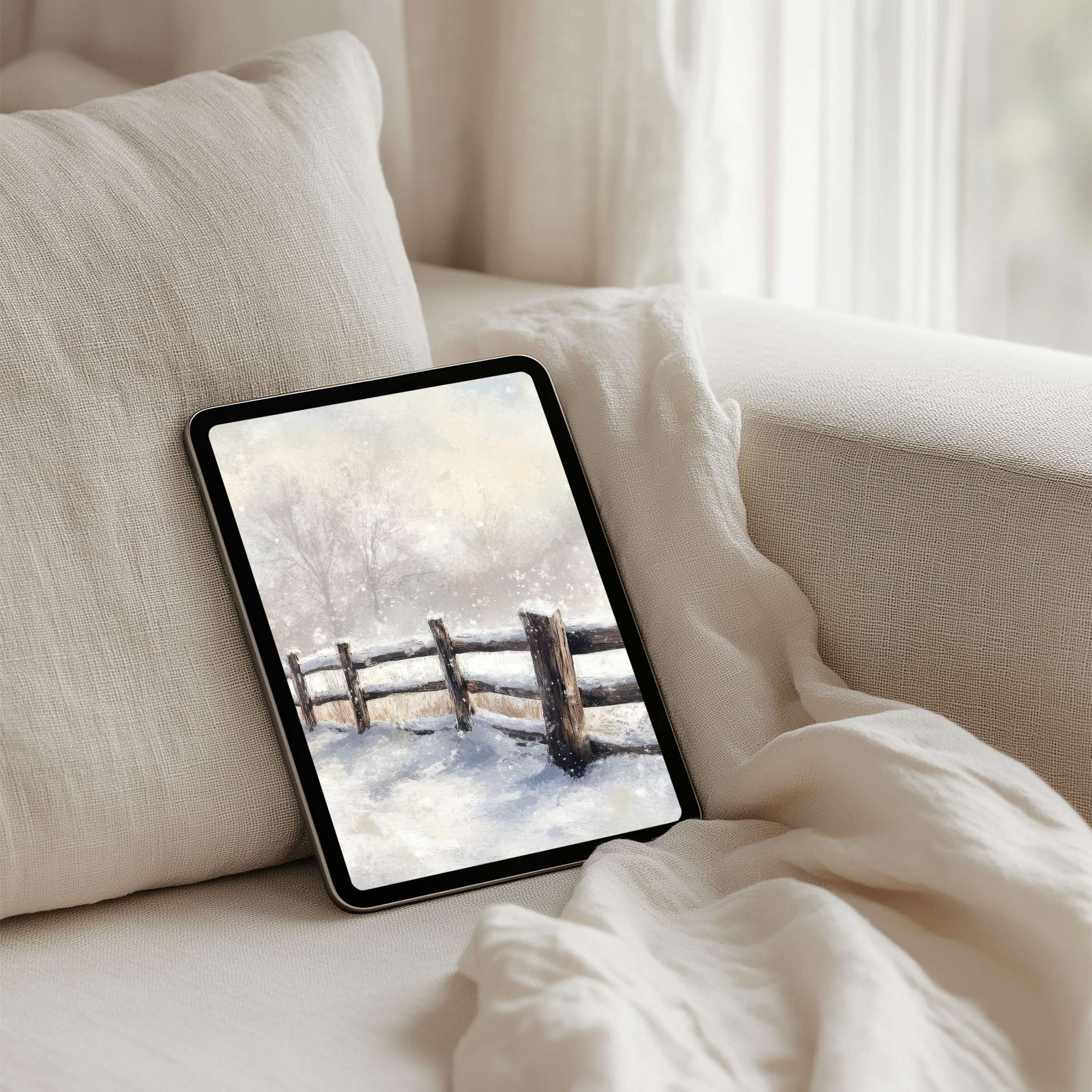 Snowy winter fence scene creates an inspiring iPad background for tablets offering calm elegance and instant download benefits