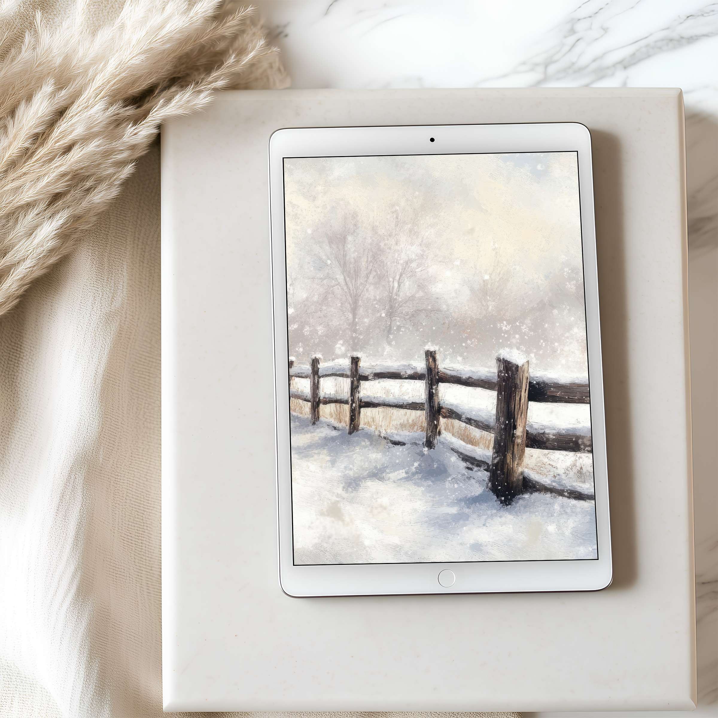Elegant winter scene tablet wallpaper in soft hues inspires calm, perfect for a high-resolution iPad or Android digital download