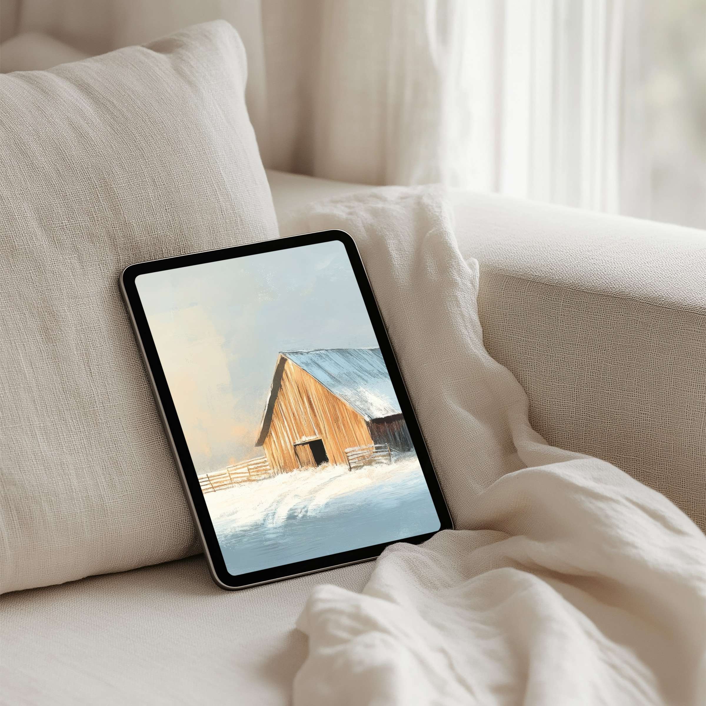 Serene snowy barn painting iPad background offers elegance and mindfulness perfect for any tablet instant download for calm design lovers