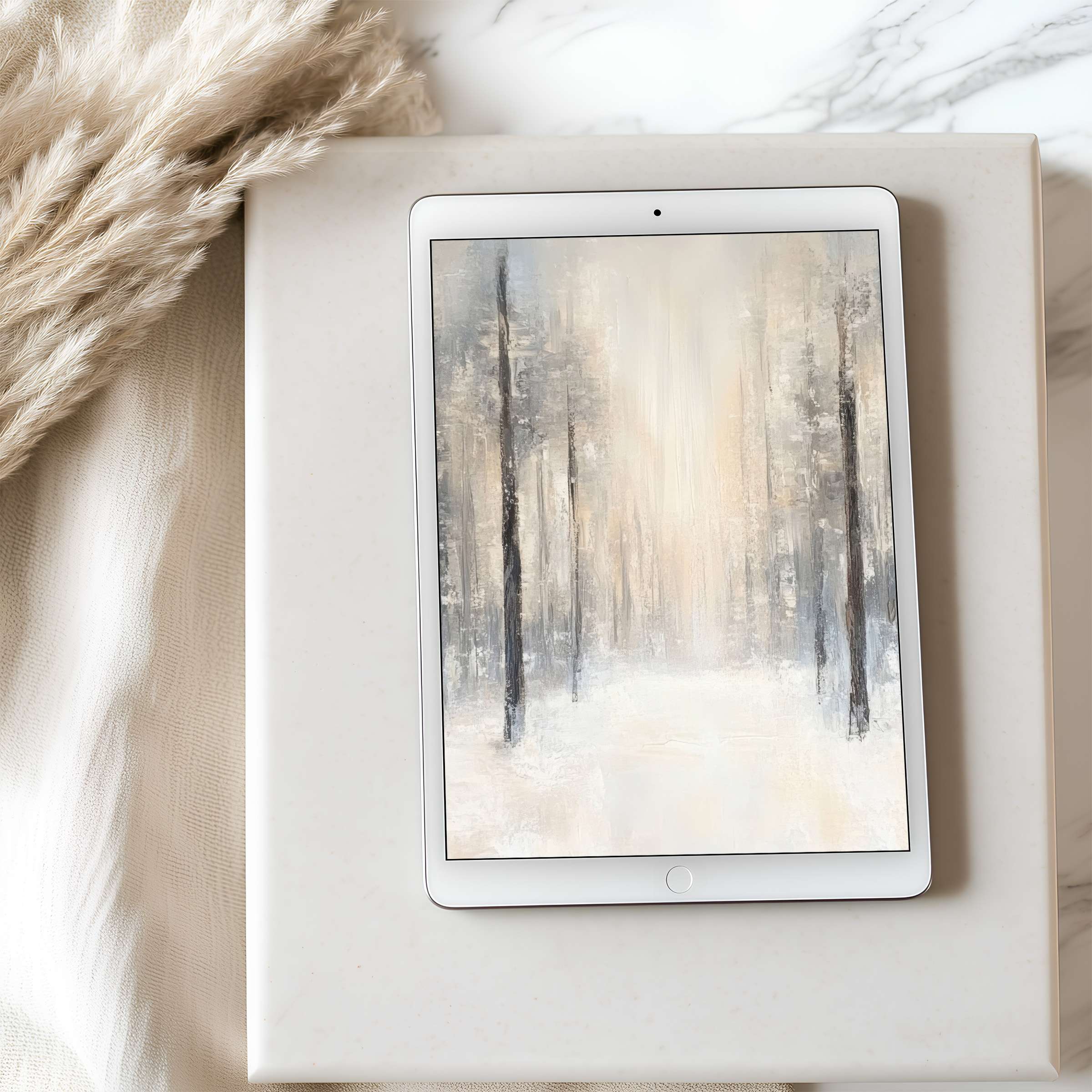 Elegant forest scene tablet wallpaper in serene neutral tones elevates any iPad, enhancing calm with a sustainable digital download