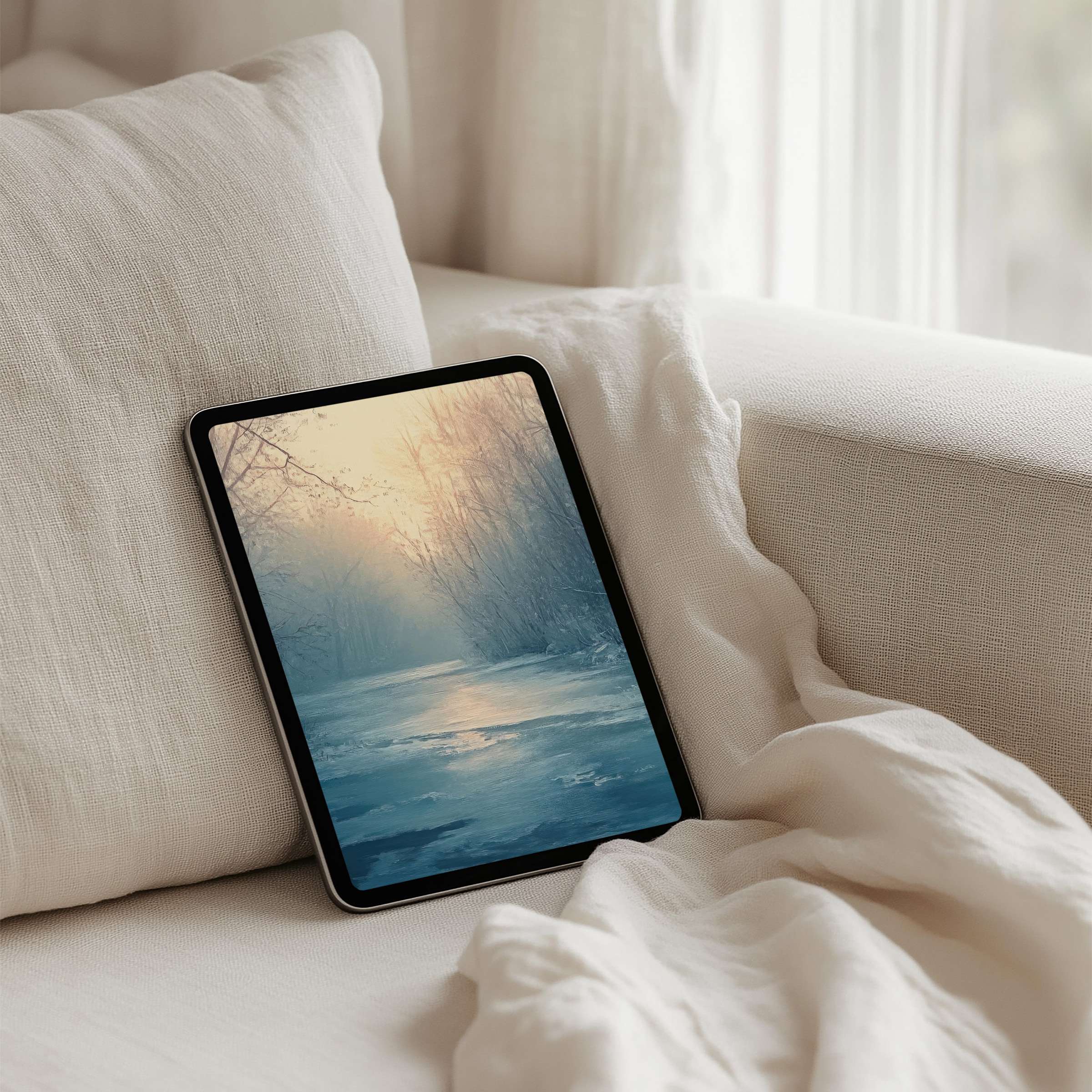 Tranquil winter scene as an iPad background for instant download on tablet brings calm and elegance to your digital space