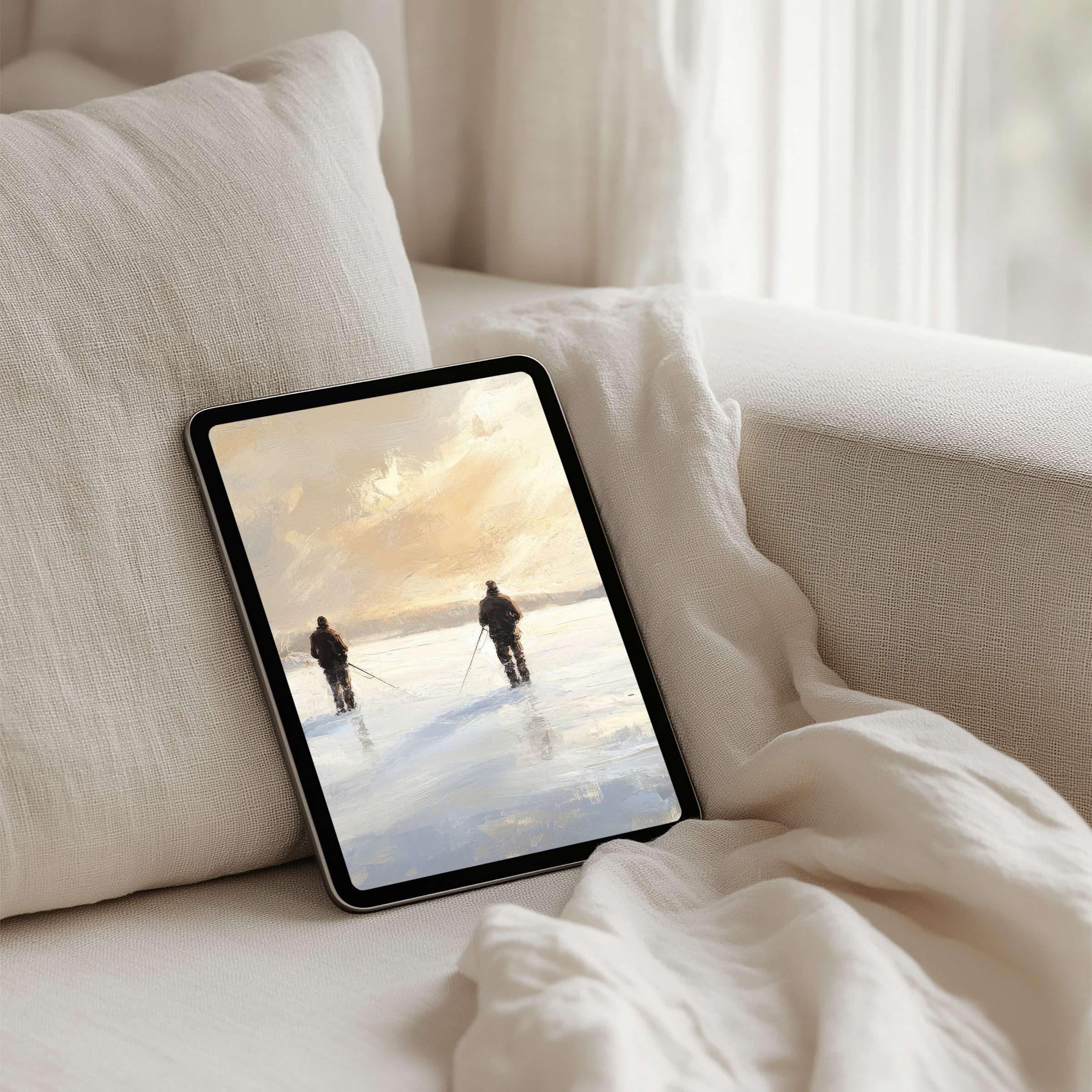 Elegant iPad background featuring serene skiers at sunset, offering calm and inspiration for tablet users via instant download