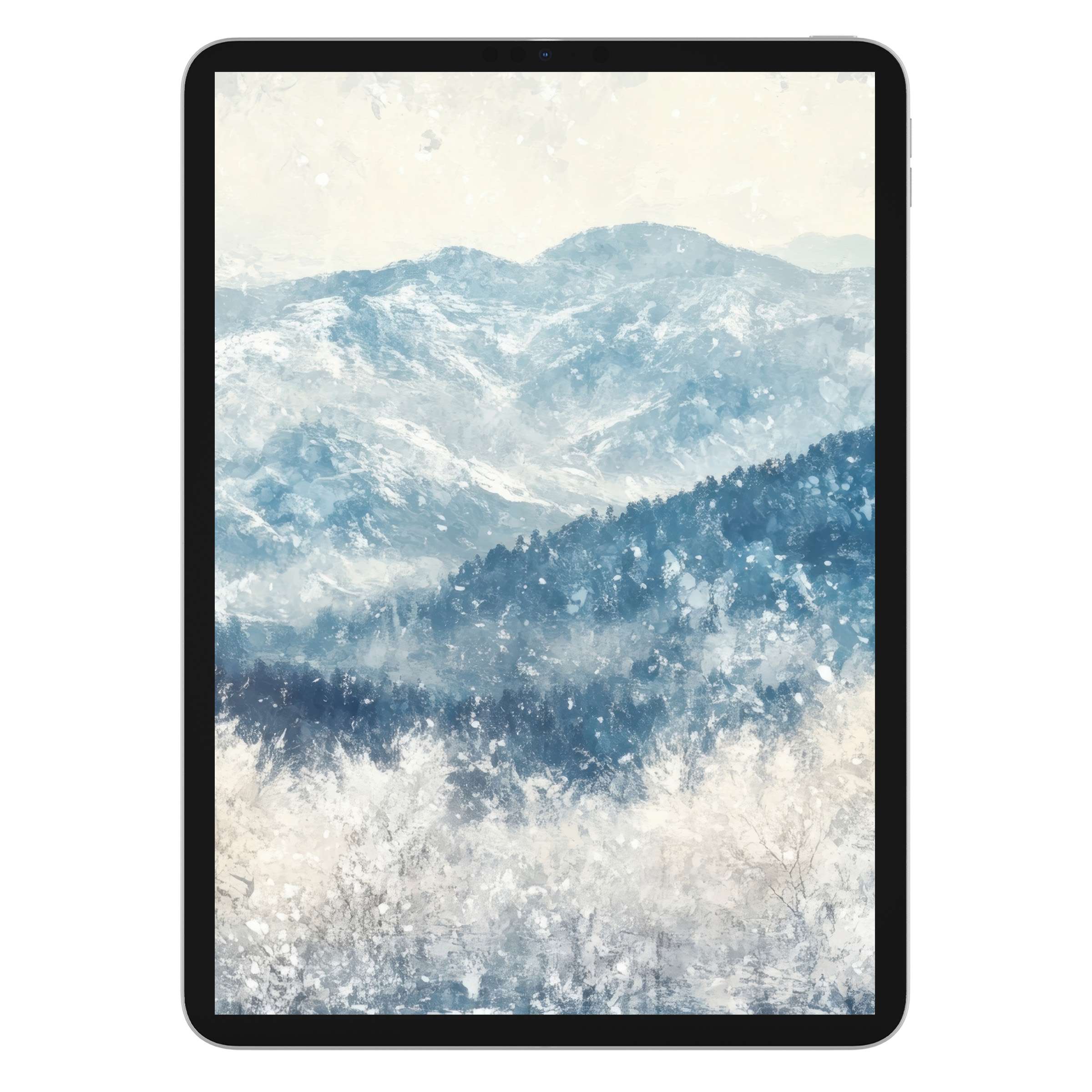 Winter iPad wallpaper digital download captures serene snowy mountains in blue watercolor, perfect calming background for any tablet