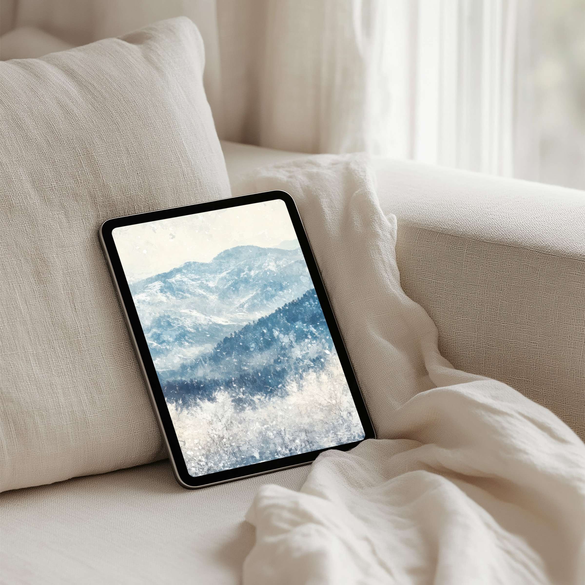 Serene mountain art iPad background offers instant download for tablets creating a calm, elegant ambiance fitting any device