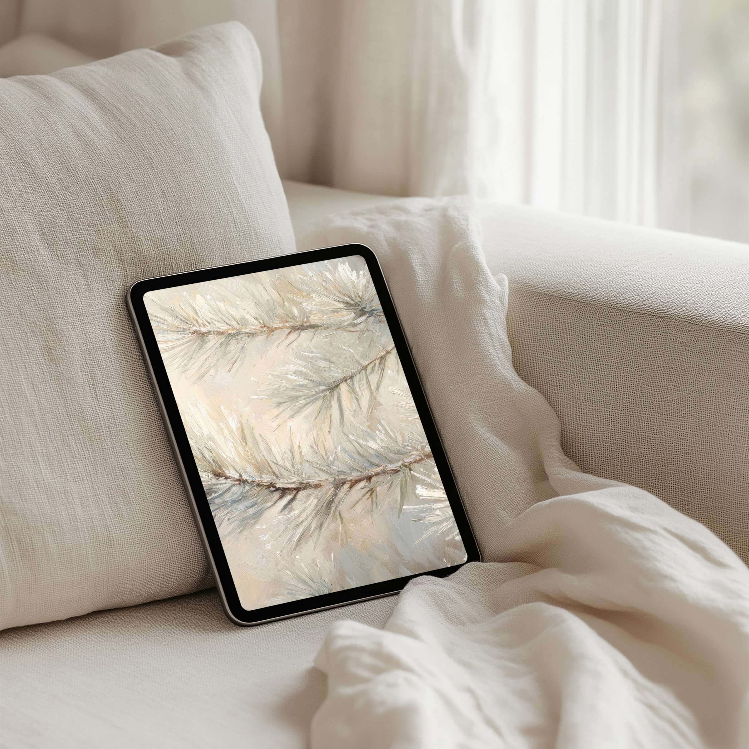 Elegant iPad background with soft, abstract branches offers instant download for tablet tranquility and mindful aesthetics