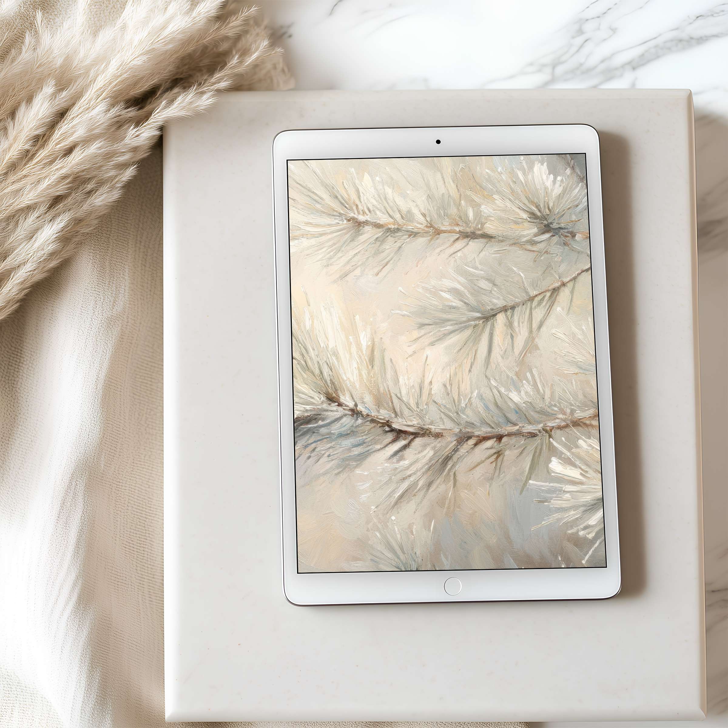 Elegant tablet wallpaper featuring a serene wintry pine motif in soft neutrals, ideal for high resolution iPad and Android tablets download