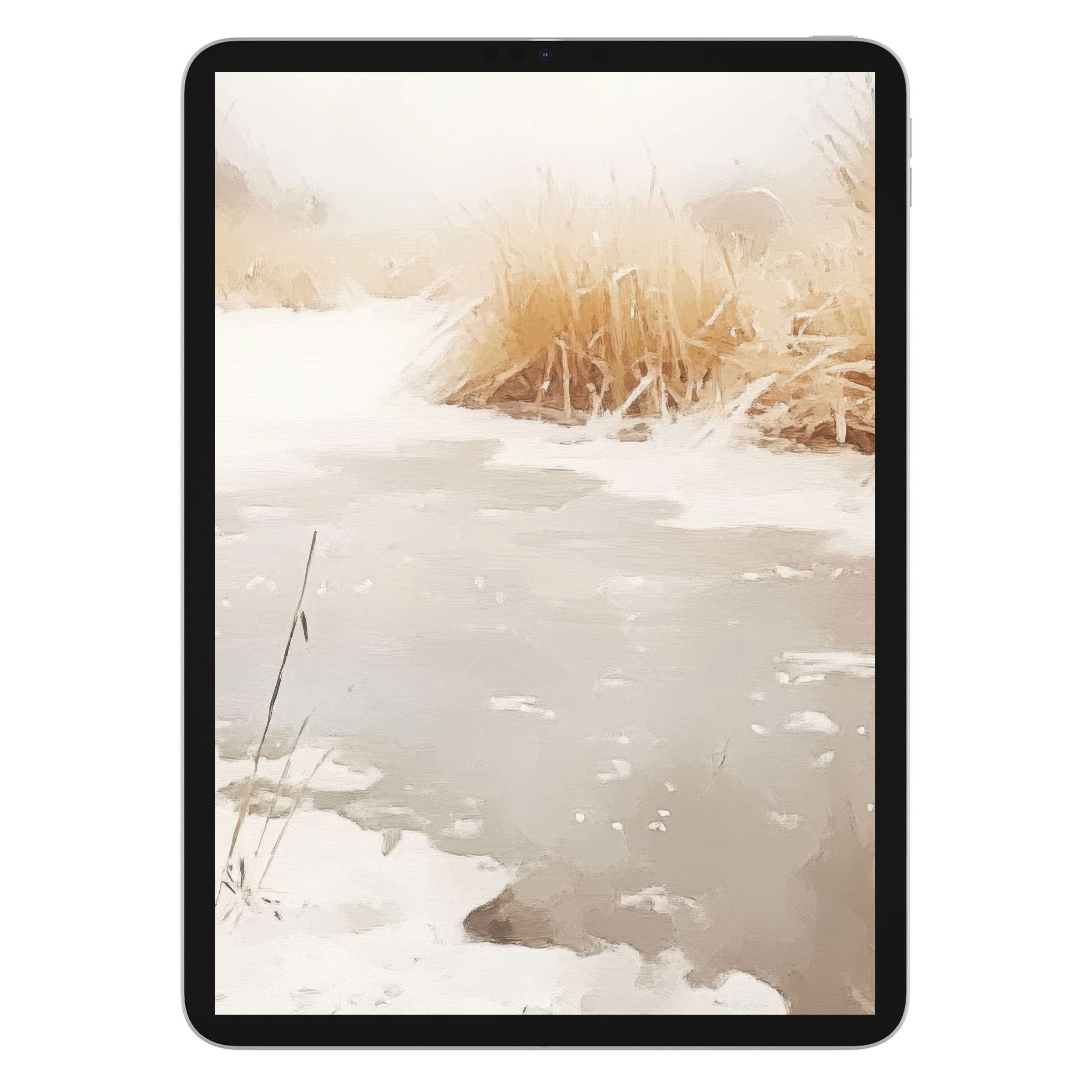 Serene winter iPad wallpaper with a frosty lake and golden reeds for tablet background, digital download art, calming elegance