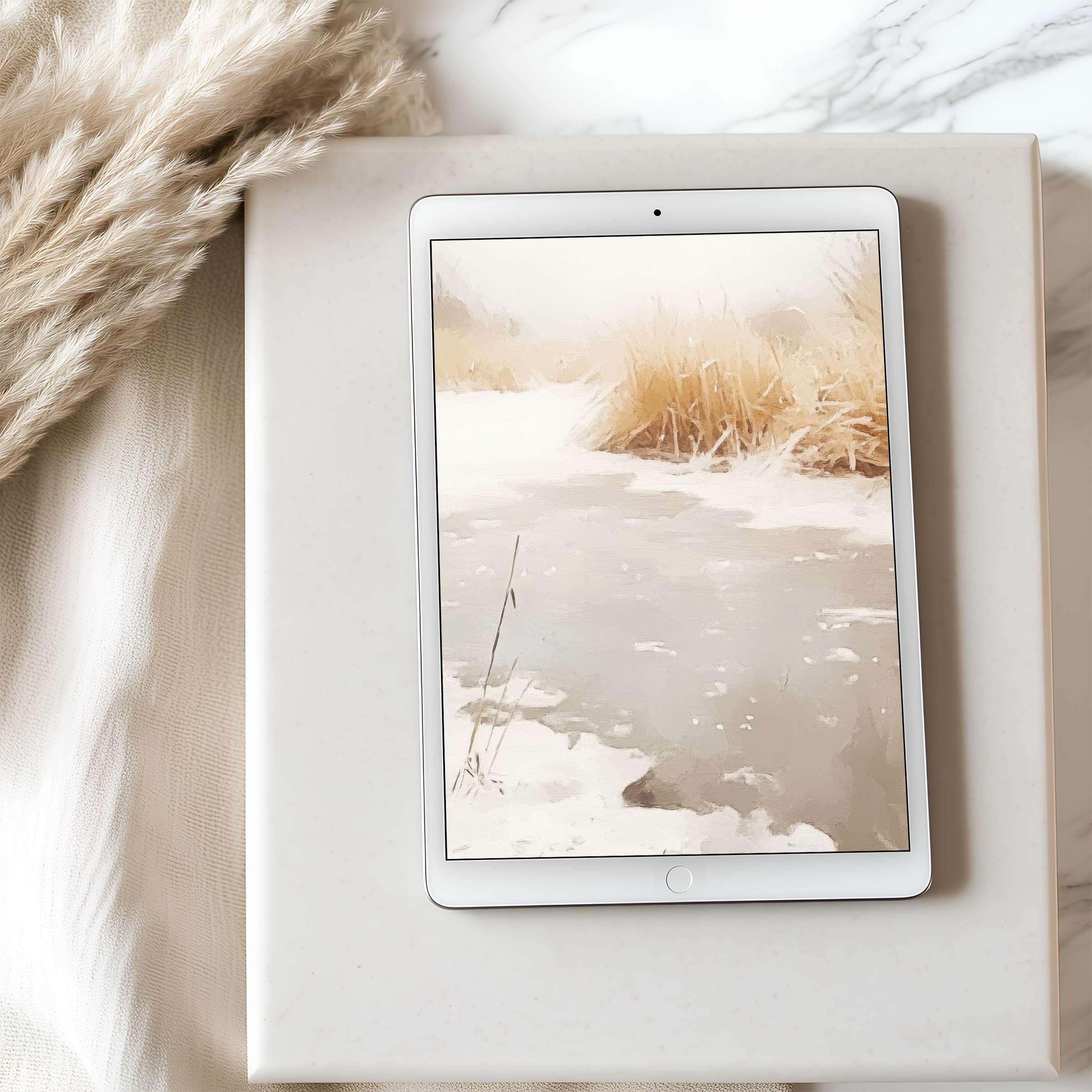 Elegant tablet wallpaper featuring serene winter landscape in soft neutrals evokes tranquility and harmony, perfect for digital download on iPad