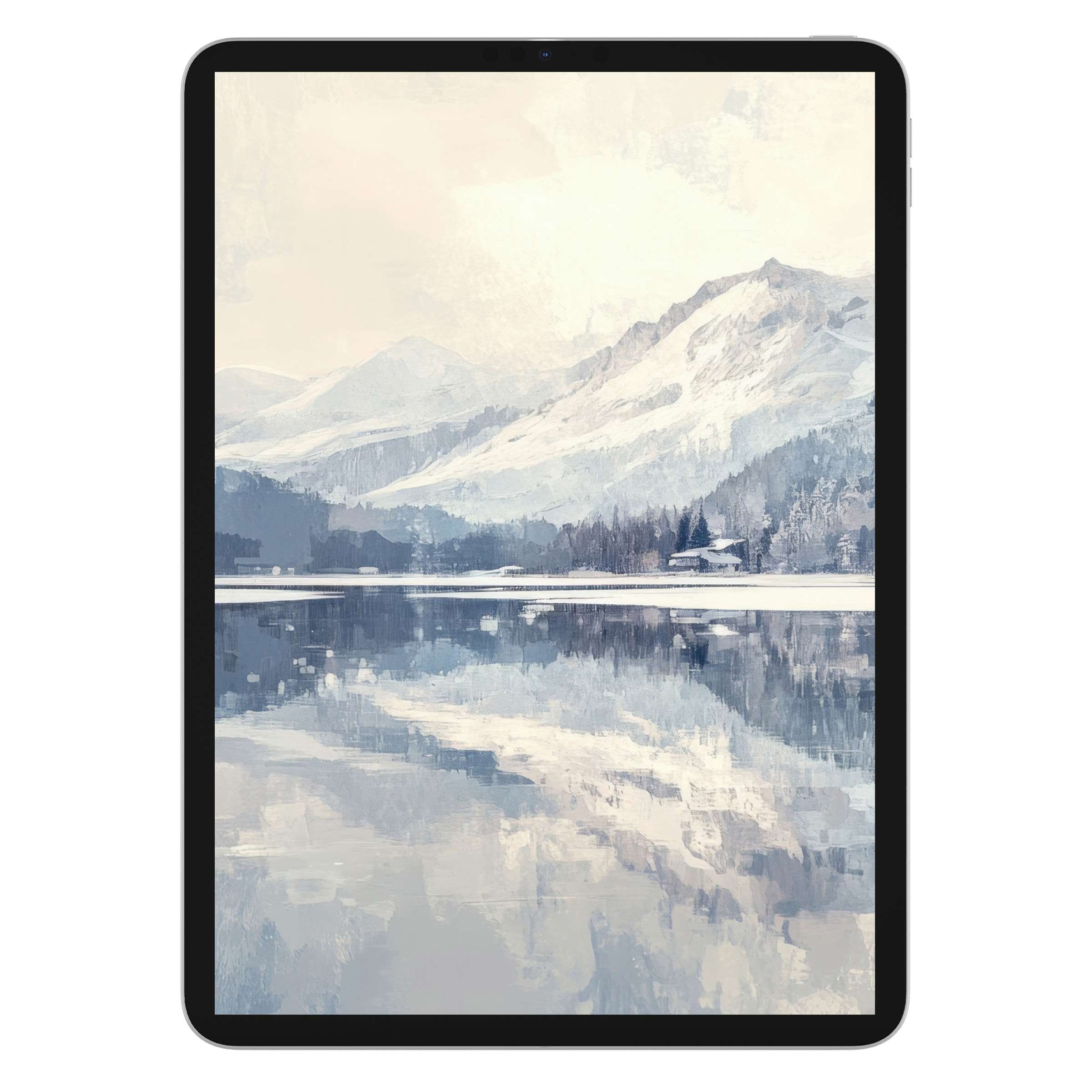 Winter iPad wallpaper featuring serene snowy mountains reflected on a tranquil lake perfect for tablet background digital download