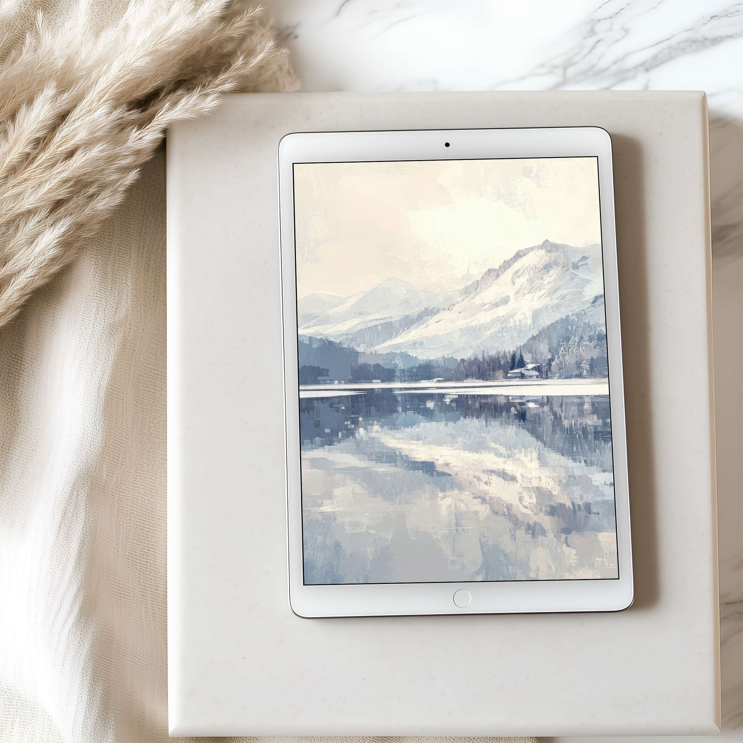 Elegant tablet wallpaper featuring serene mountain and lake art inspires tranquility, perfect for iPad download in high resolution