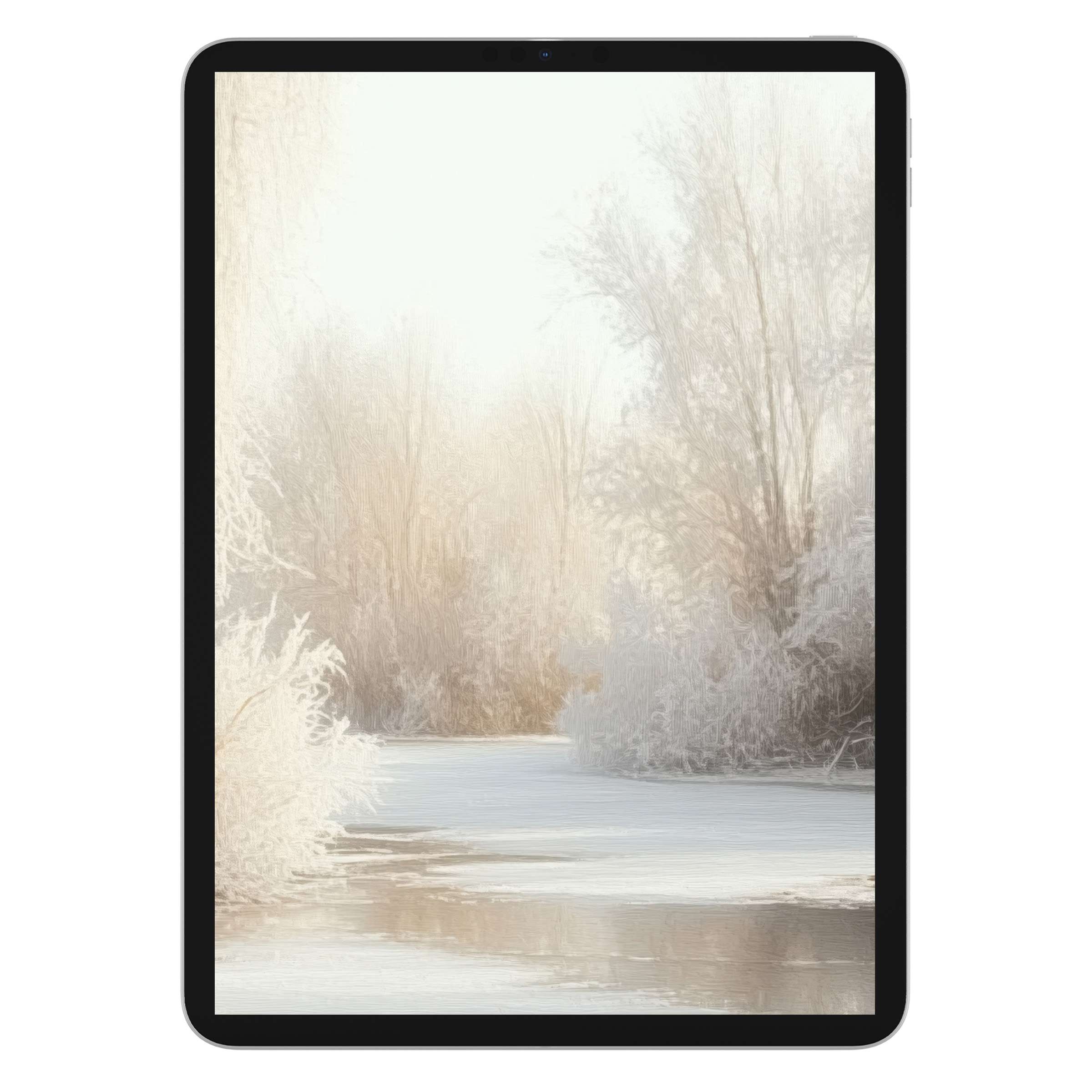 Elegant winter iPad wallpaper with serene snowy trees and soft textures for a calming digital download background on any tablet