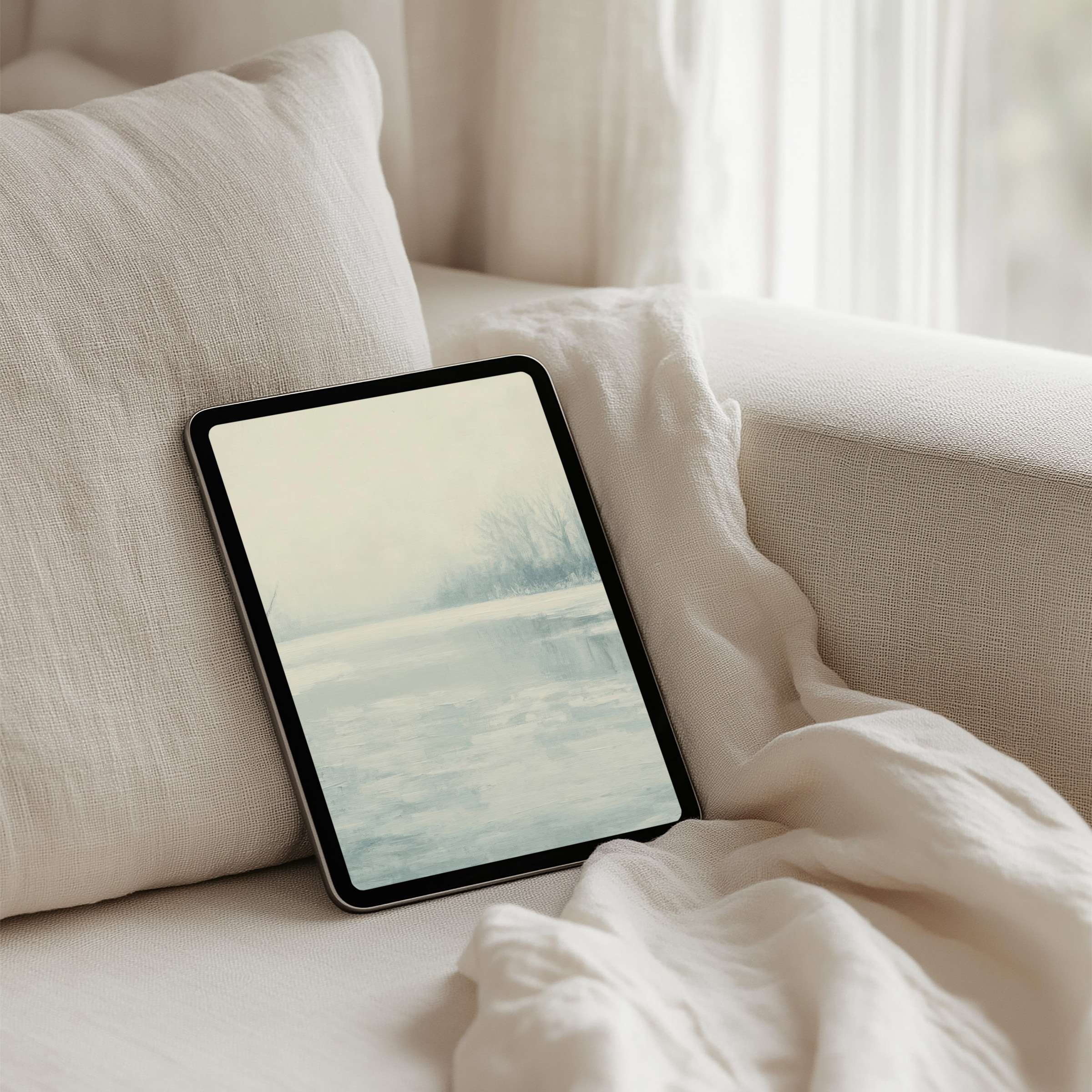 Elegant iPad background with serene winter landscape, perfect for instant download on tablet, inspiring calm and mindfulness