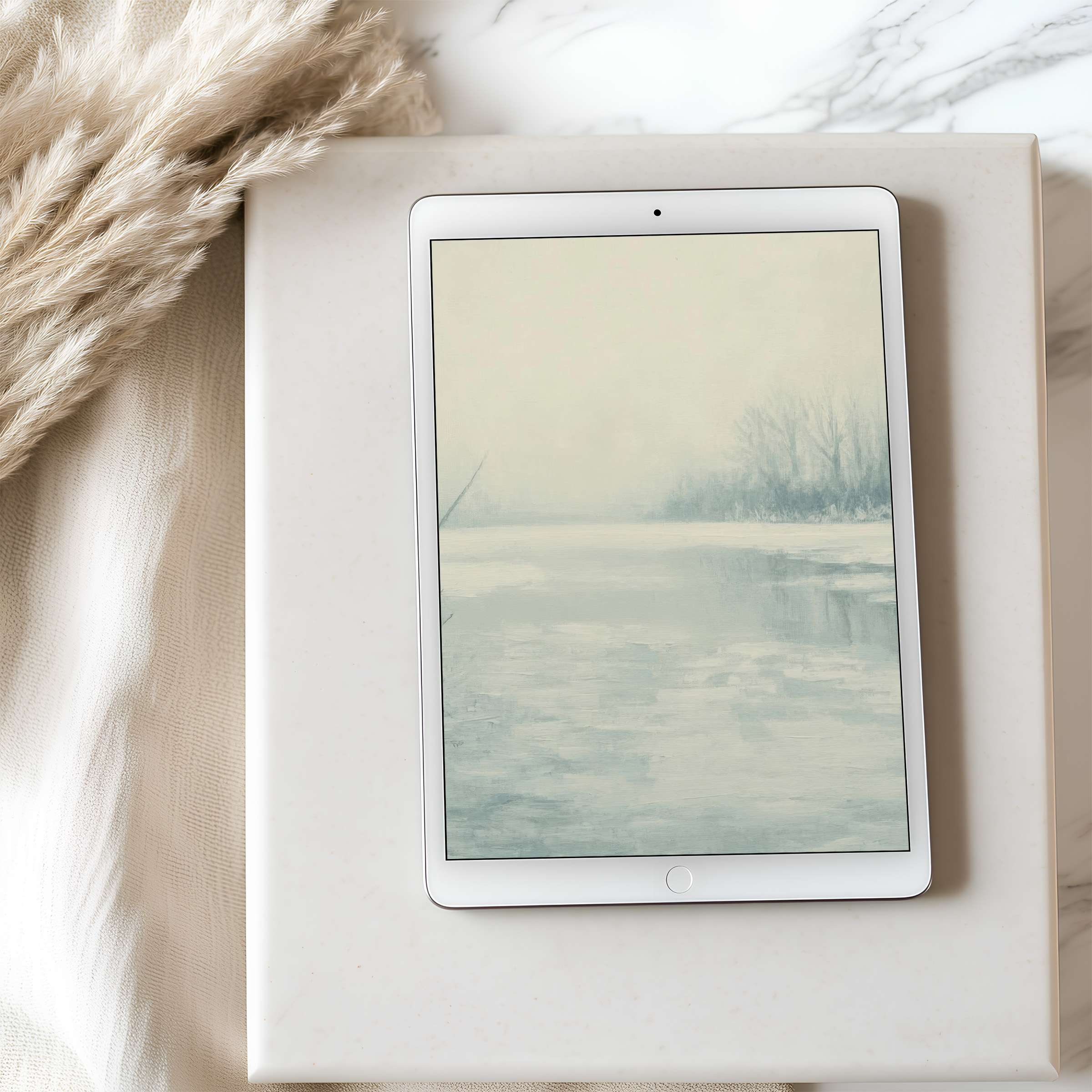 Elegant winter landscape digital art as a tablet wallpaper on an iPad, offering serenity and style, perfect for high resolution tablets