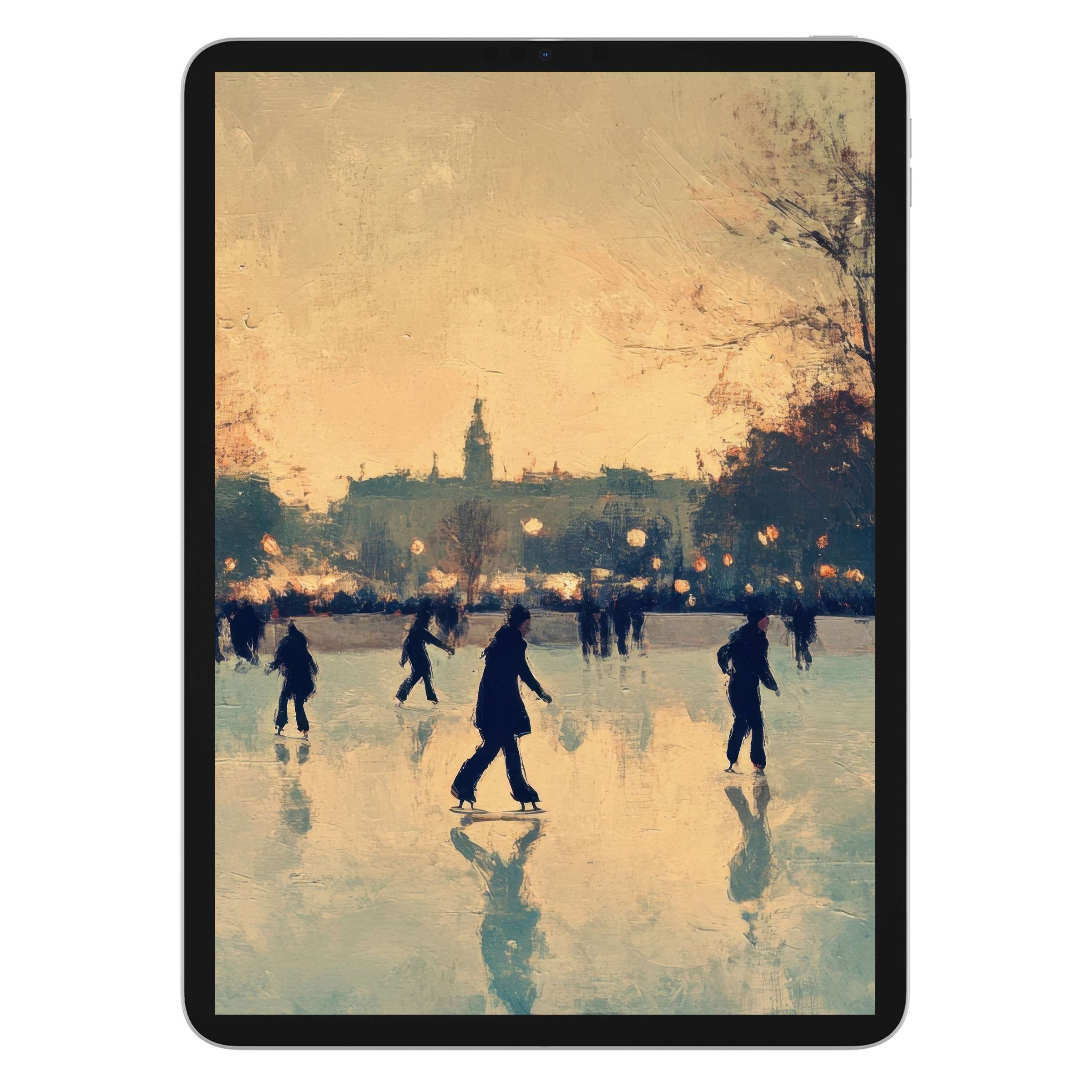Elegant winter iPad wallpaper captures a serene ice skating scene with warm hues, perfect digital download for tablet background lovers
