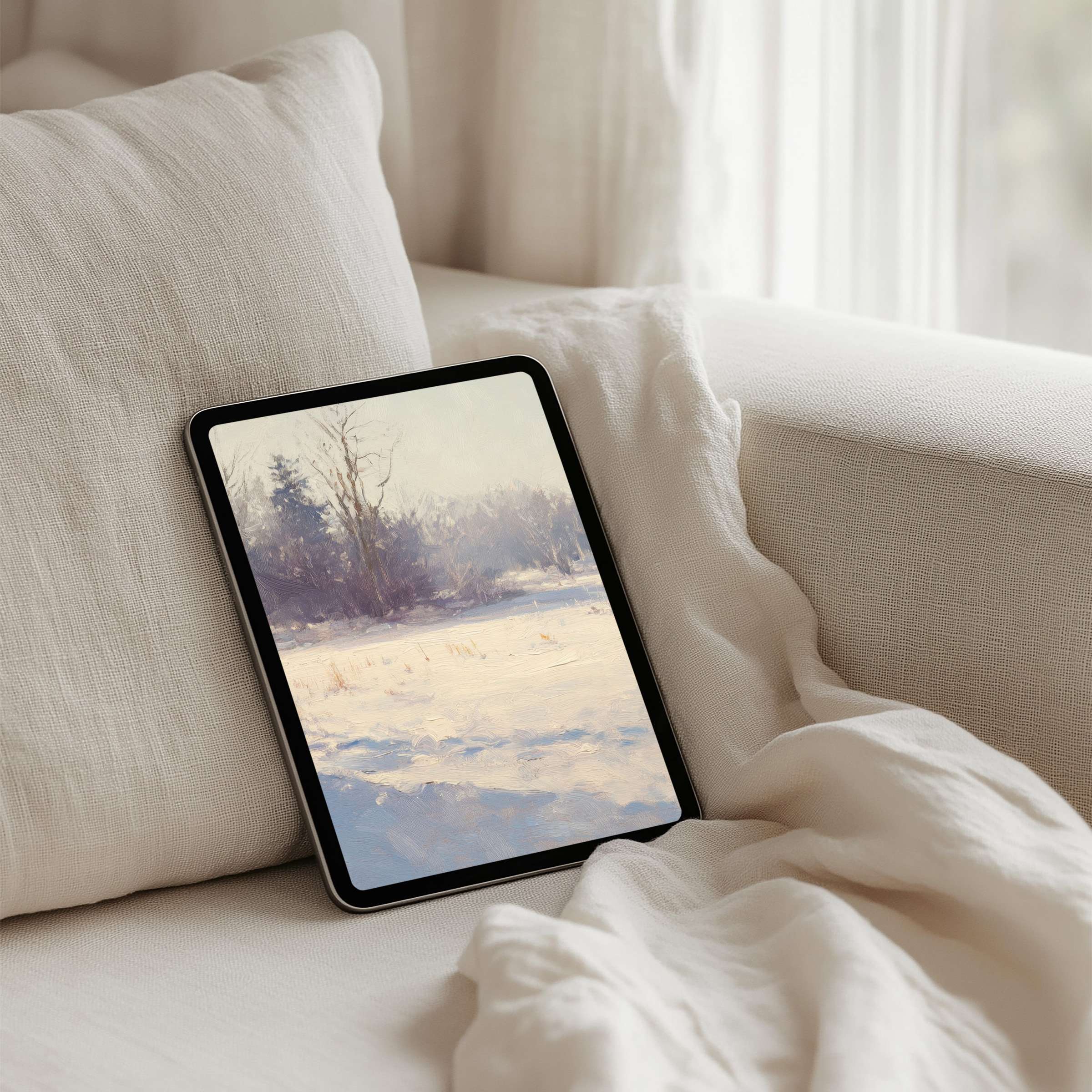 Serene snowy landscape iPad background for instant download enhances tablet aesthetics with calming, elegant inspiration and mindfulness