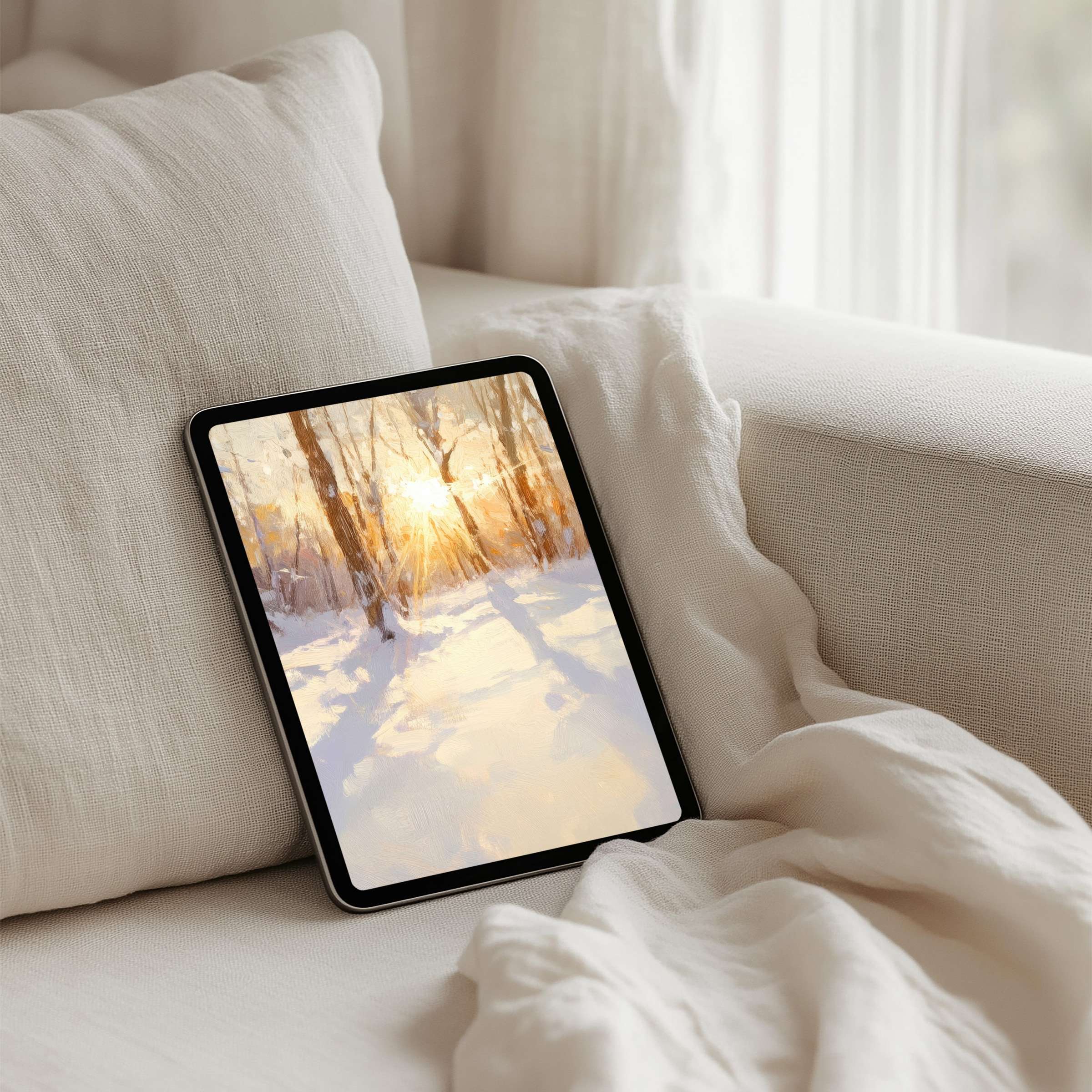 Elegant iPad background featuring a serene winter sunset for tablets, offering calm and inspiration with instant download benefits