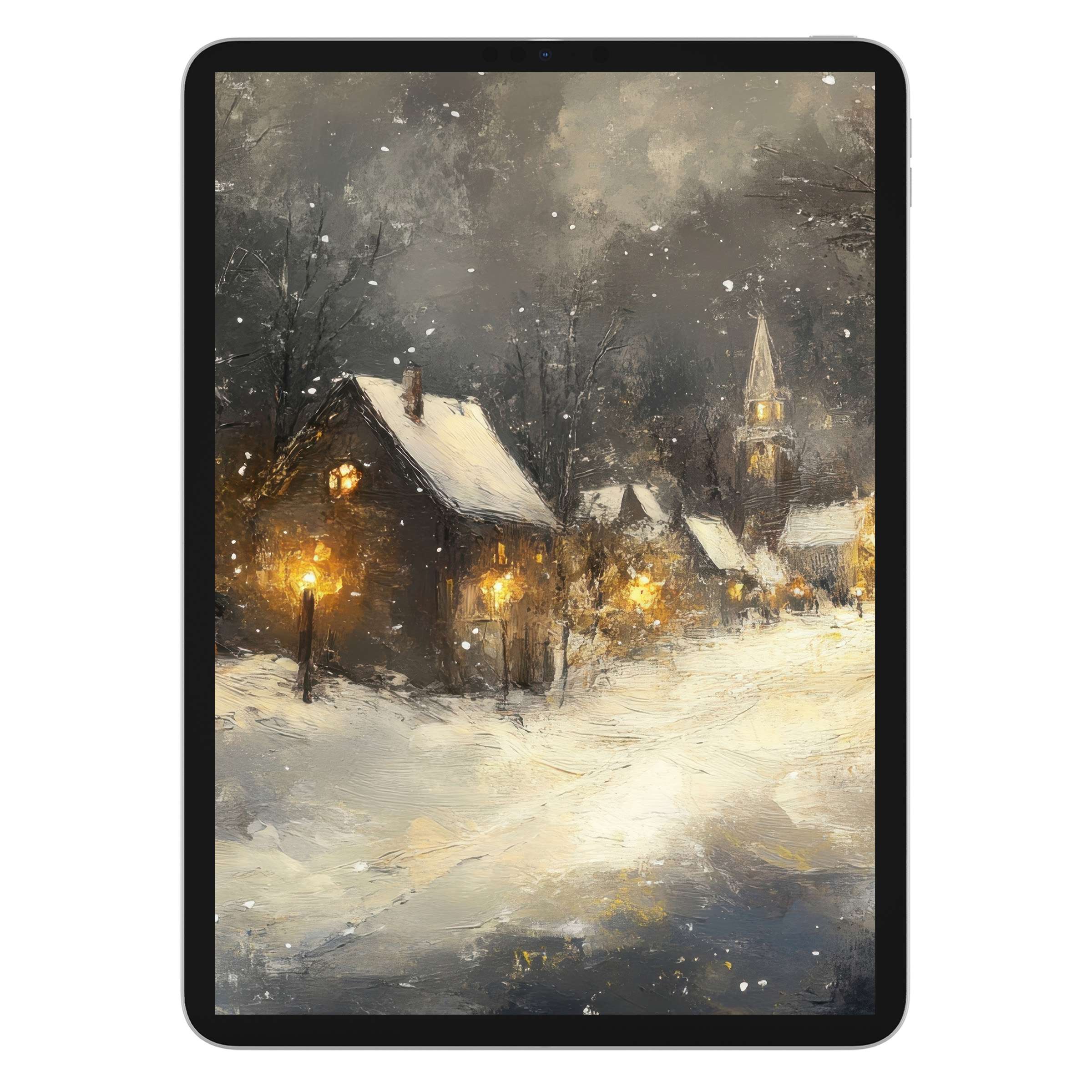 Winter iPad wallpaper featuring a serene snowy village scene, perfect digital download for elegant tablet backgrounds, cozy charm