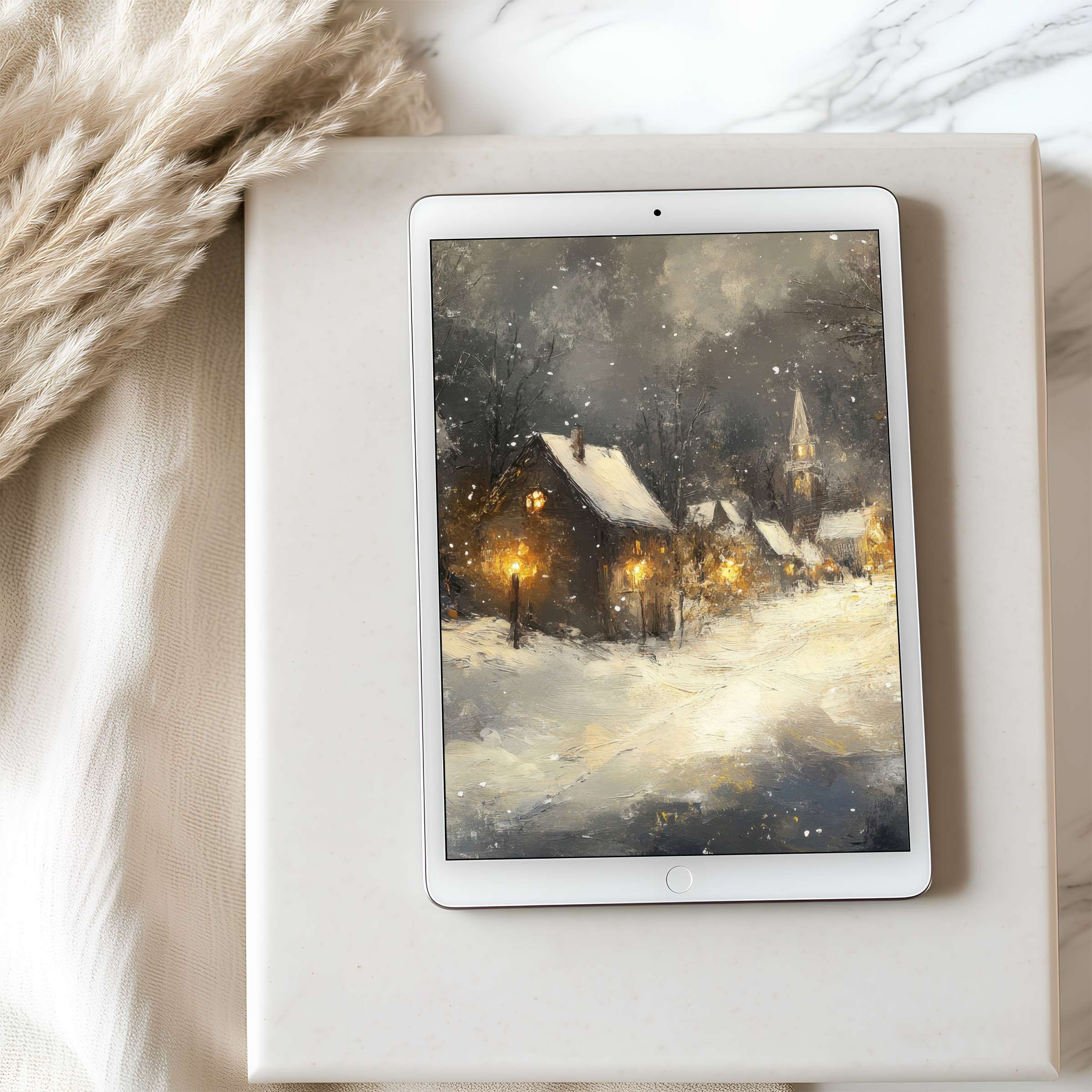 Cozy winter scene tablet wallpaper blends serene snow-dusted village art with elegant interior, perfect for iPad high resolution