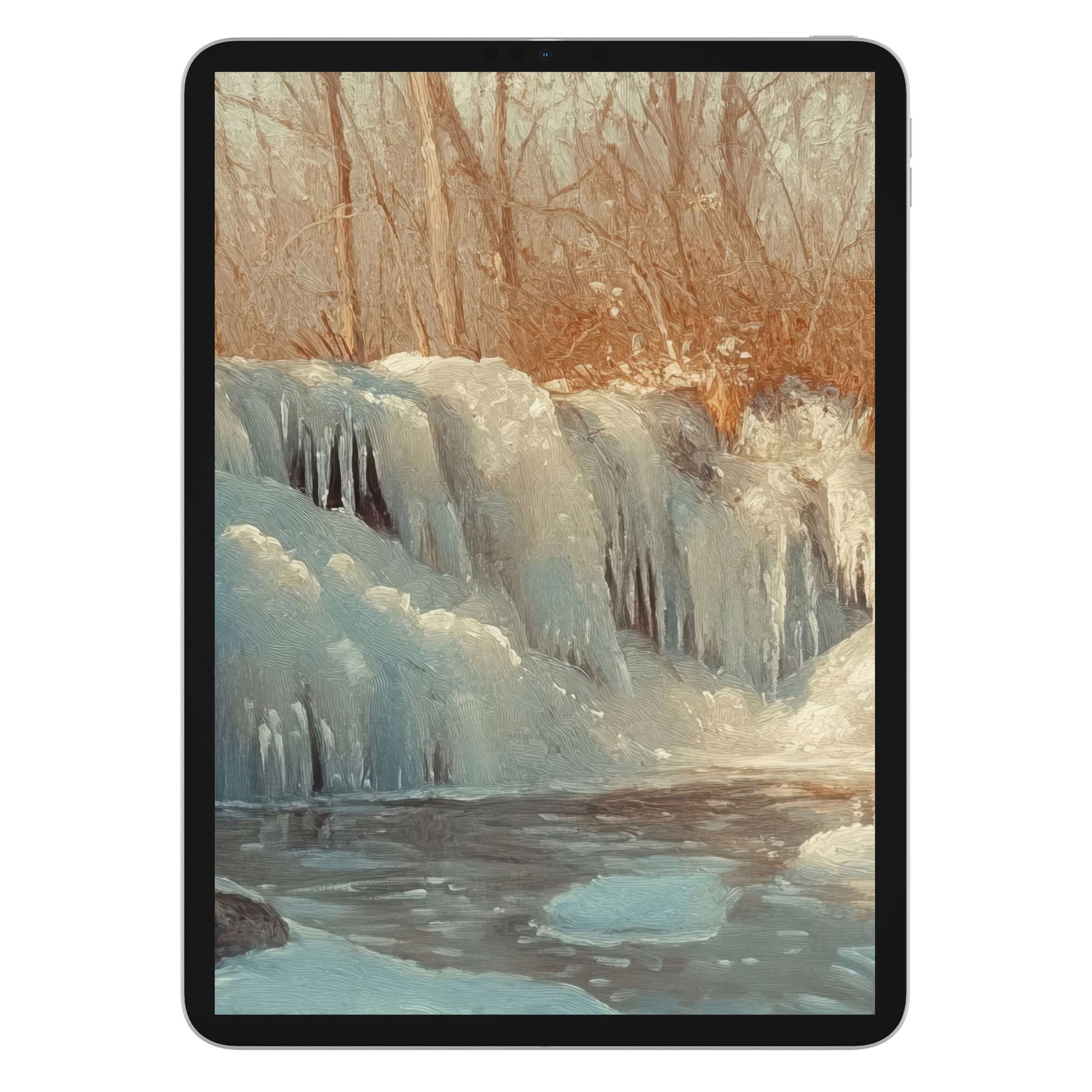 Serene winter iPad wallpaper featuring a textured icy waterfall transforms your tablet background into an elegant digital download journey