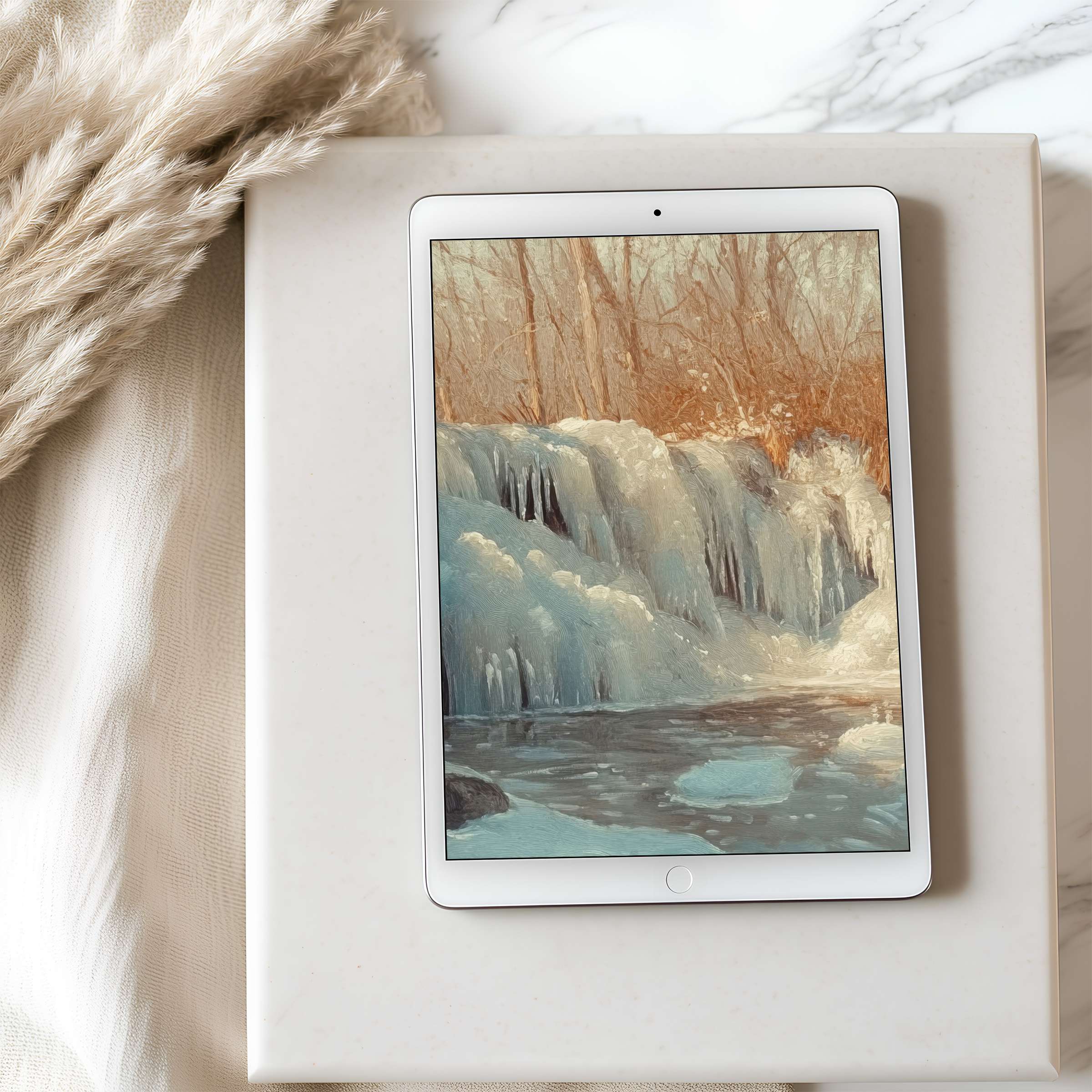 Elegant tablet wallpaper featuring a tranquil waterfall painting in soft hues offers high resolution digital download for iPad users