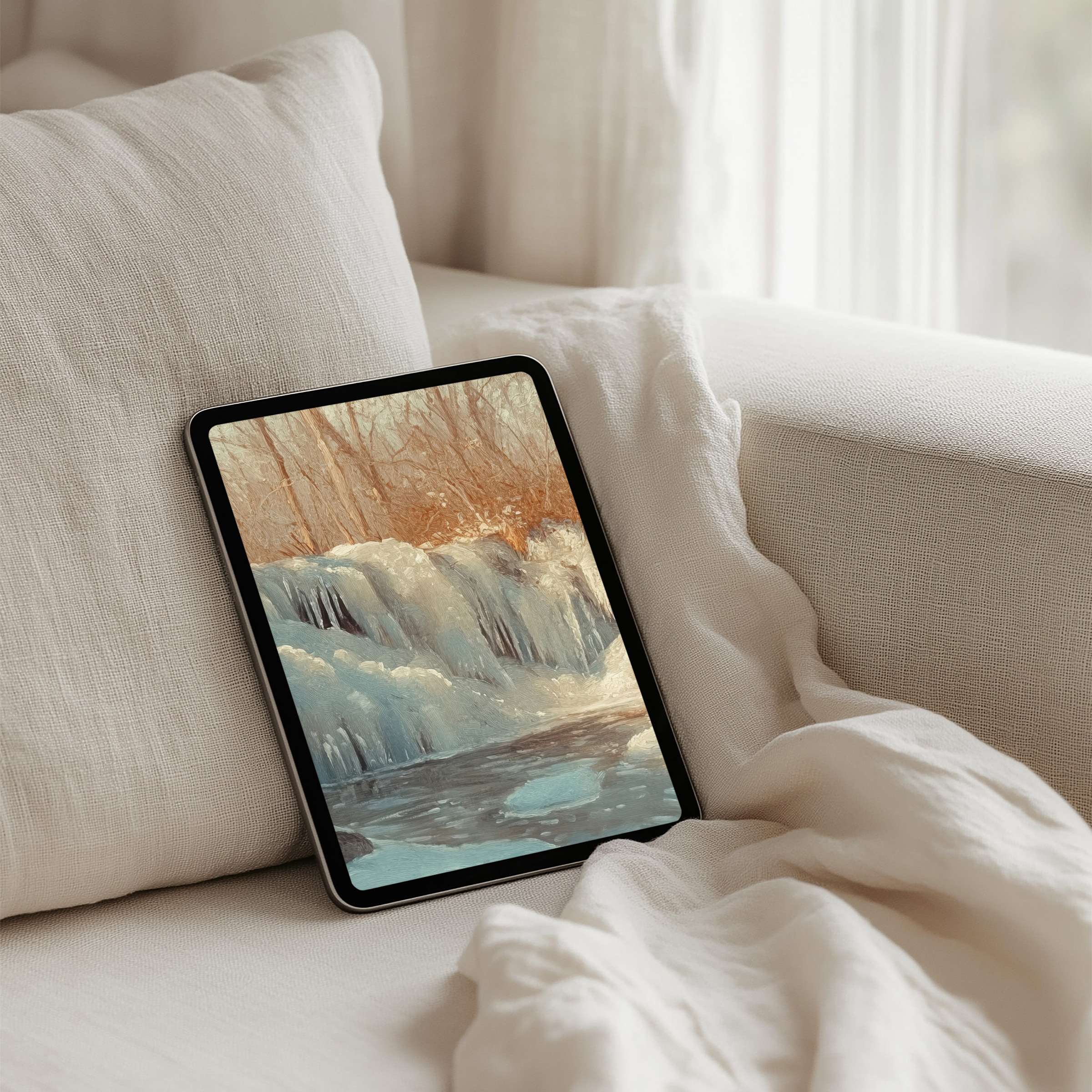 Elegant winter landscape iPad background offers instant download for tablets evoking calm and inspiration with soft textures